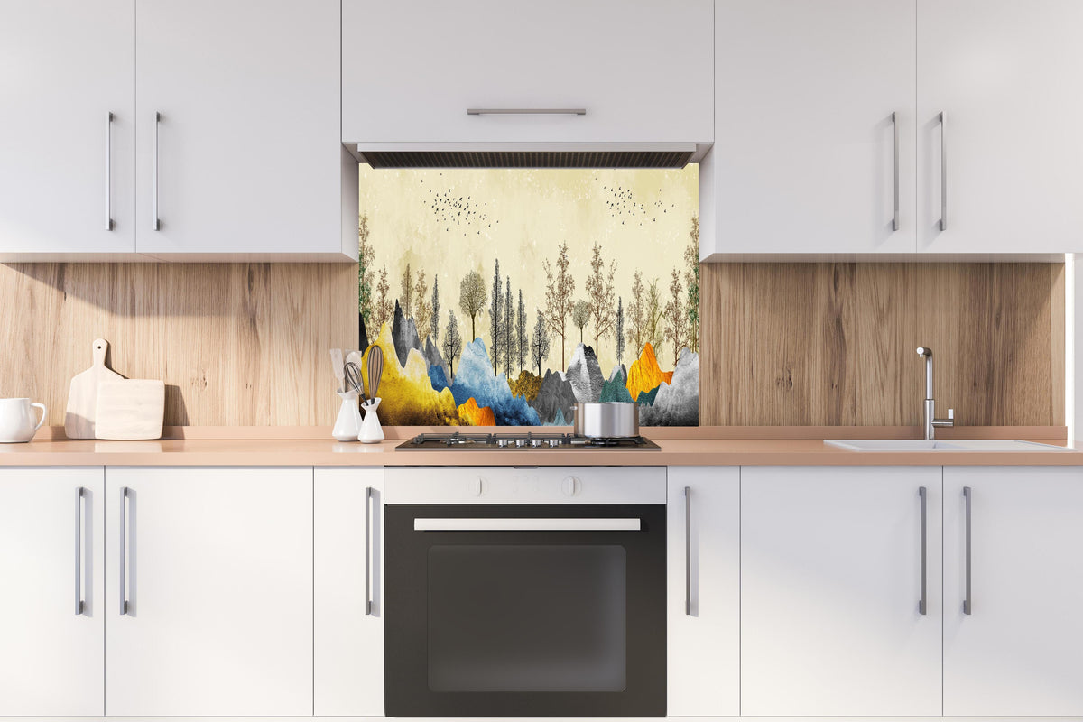 Spritzschutz - Herbstliches Gemälde hinter einem Cerankochfeld zwischen Holz-Kochutensilien
