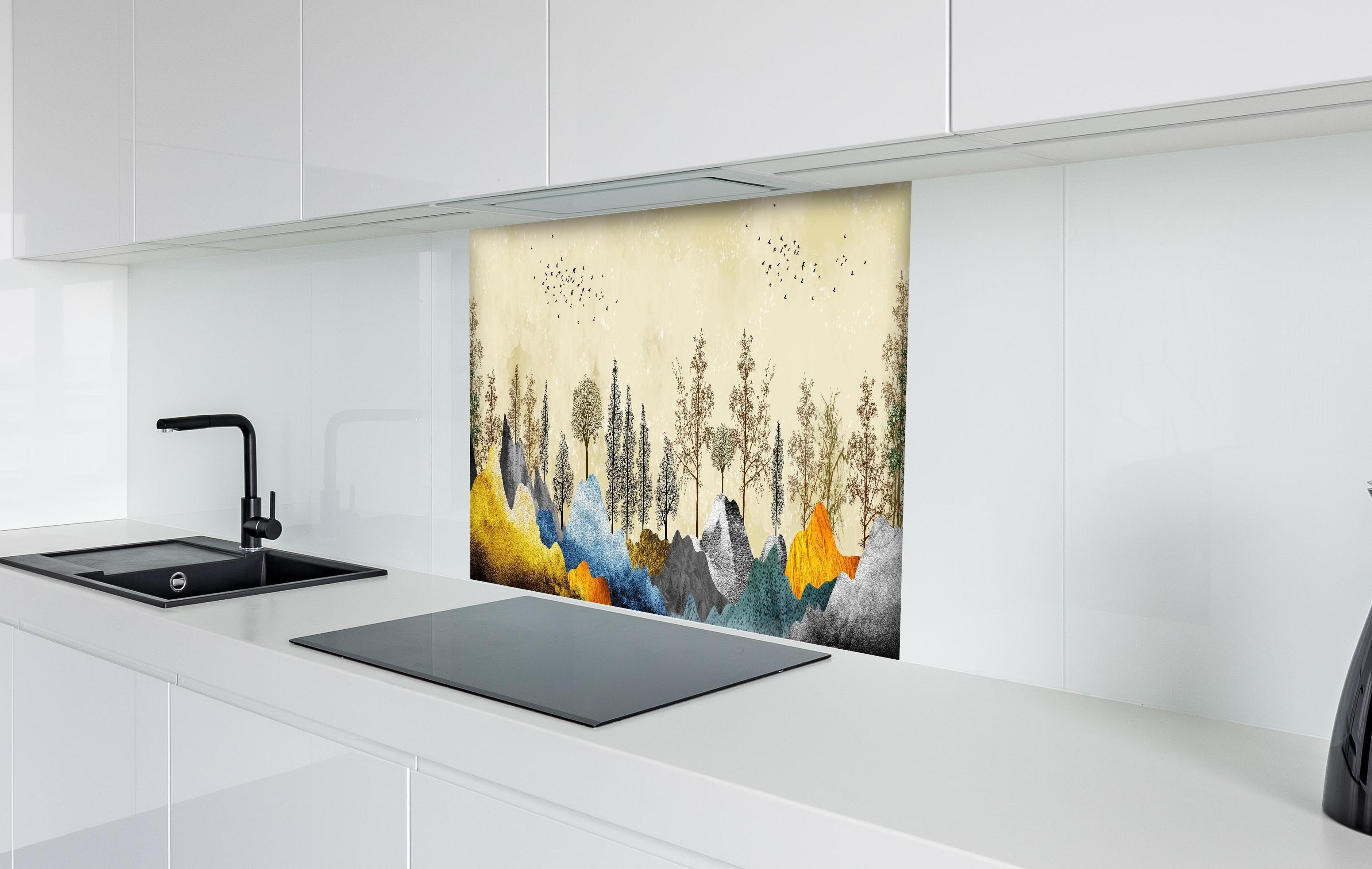 Spritzschutz - Herbstliches Gemälde hinter einem Cerankochfeld zwischen Holz-Kochutensilien
