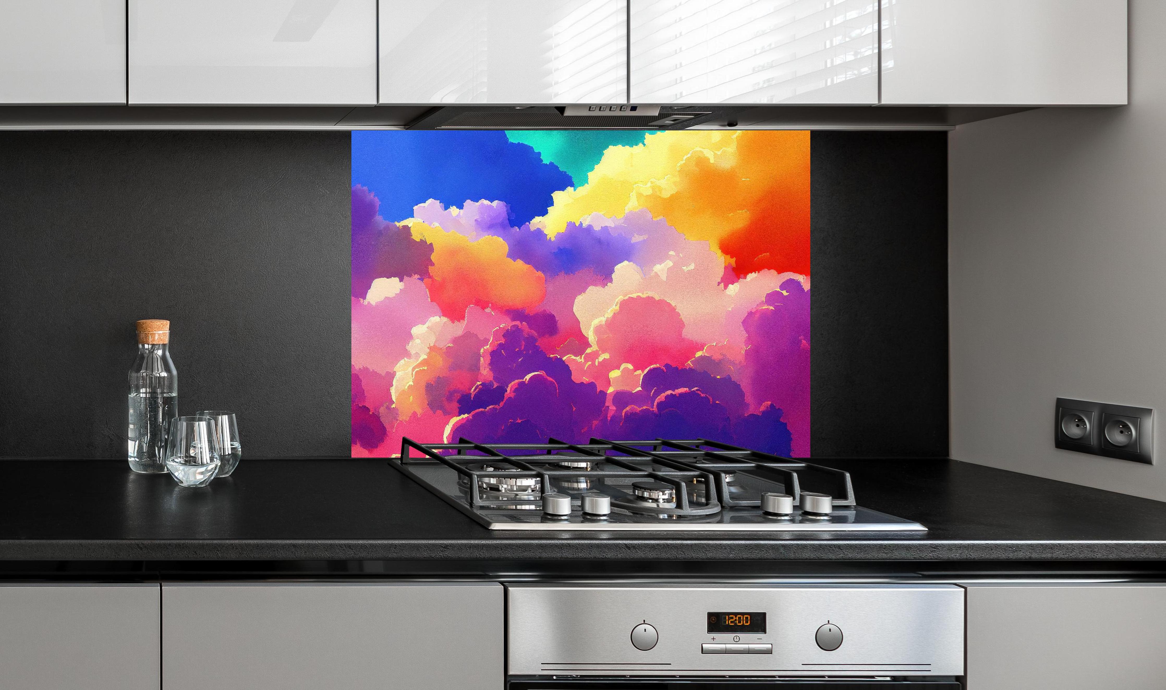 Spritzschutz - Himmel mit Wolken. Aquarell Illustration von farbigen Wolken. hinter einem Cerankochfeld zwischen Holz-Kochutensilien

