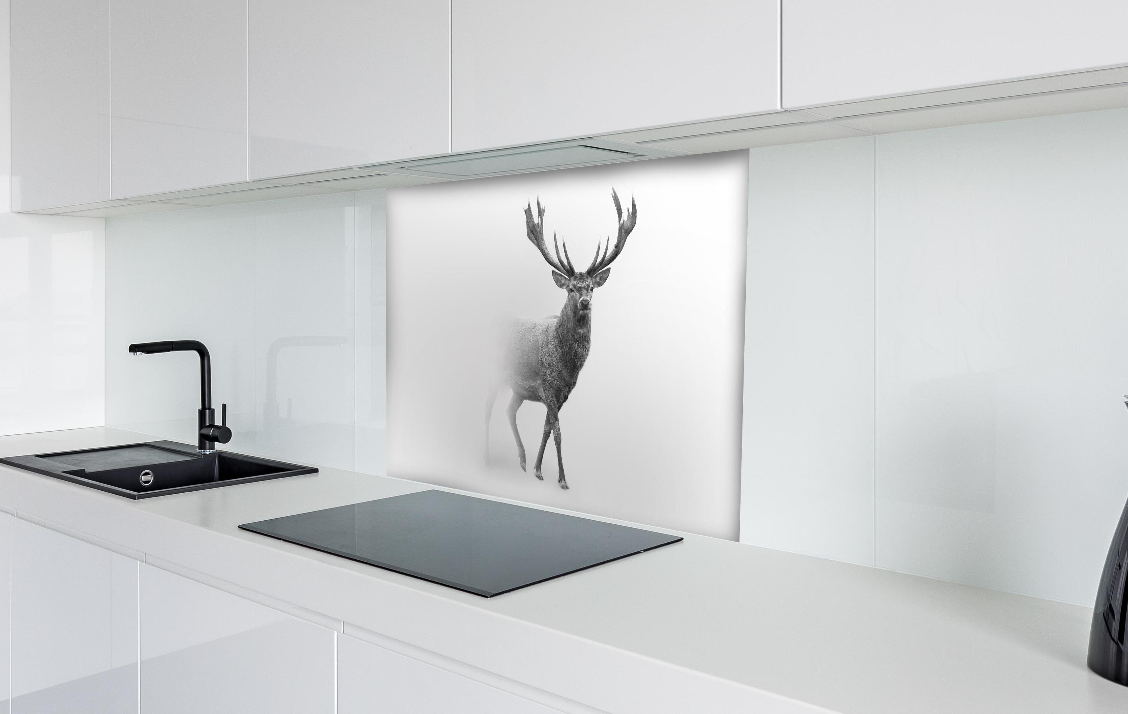 Spritzschutz - Hirsch Graustufenbild hinter einem Cerankochfeld zwischen Holz-Kochutensilien

