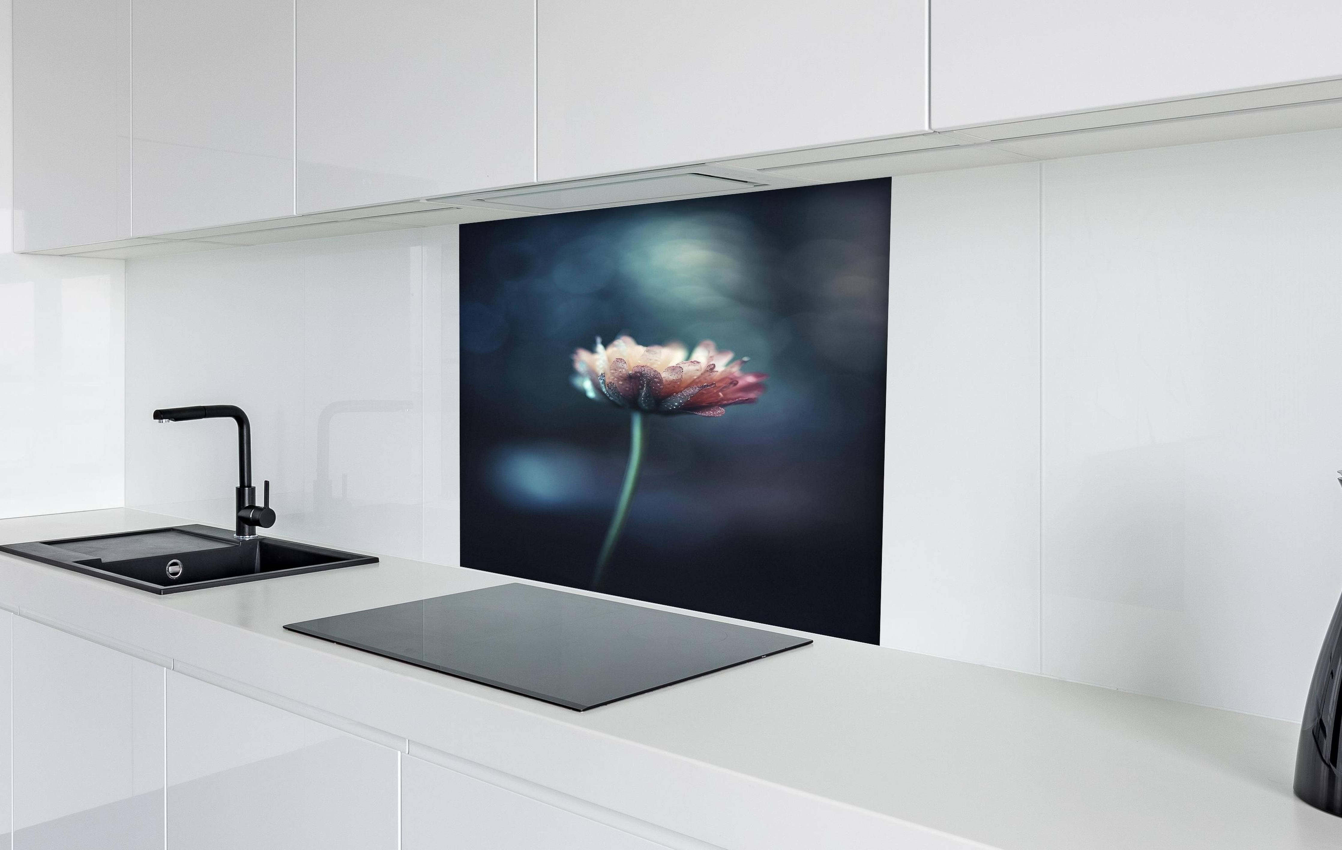 Spritzschutz - Hochauflösende Blume - verschwommen hinter einem Cerankochfeld zwischen Holz-Kochutensilien
