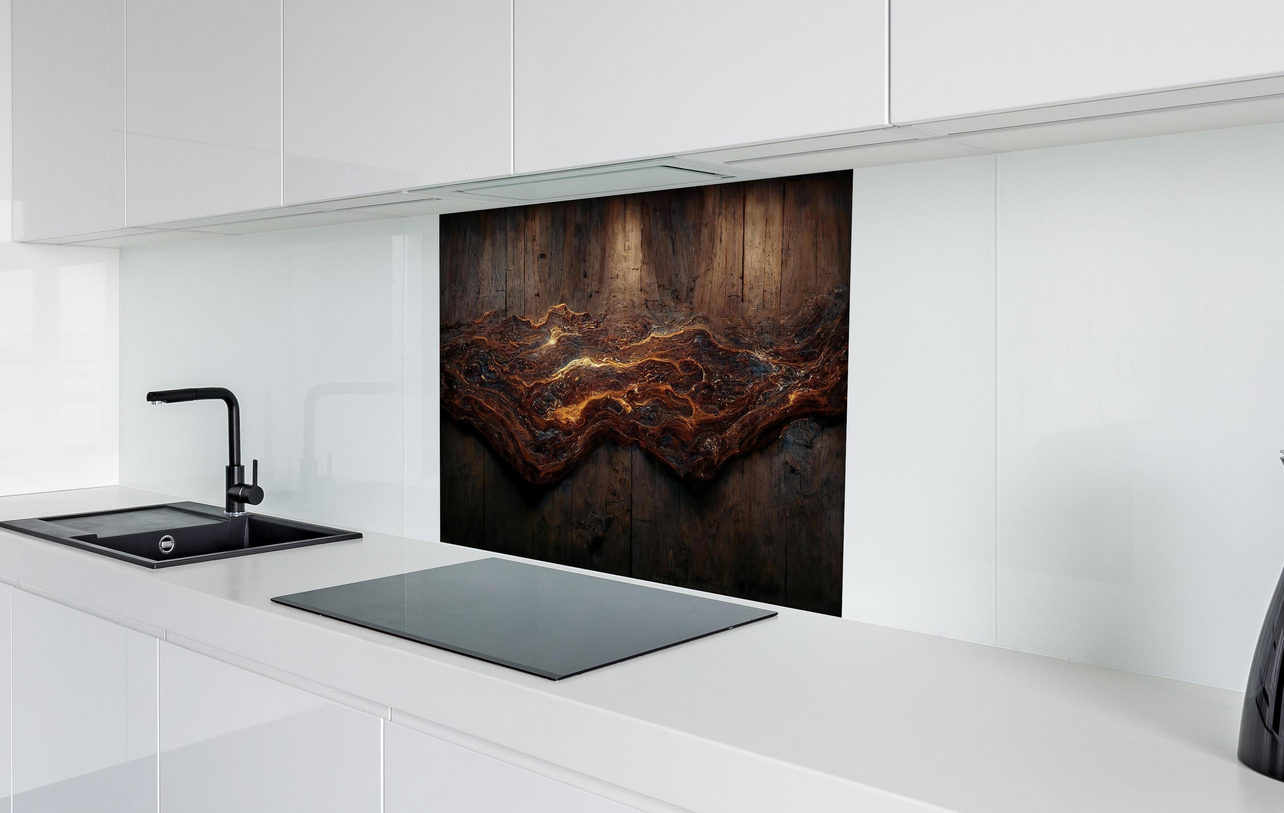 Spritzschutz - Holzplatte mit blauem Epoxid hinter einem Cerankochfeld zwischen Holz-Kochutensilien

