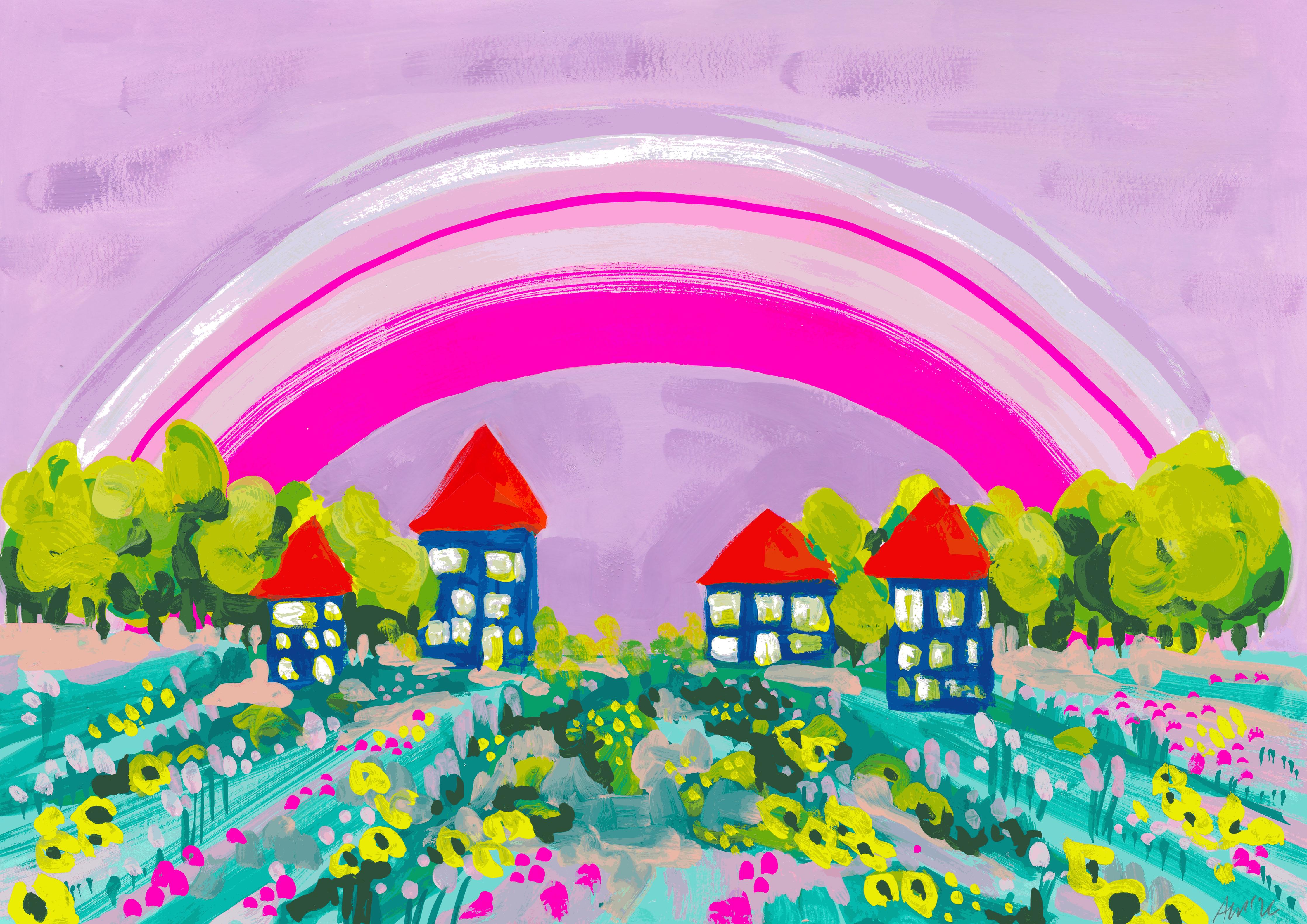 Spritzschutz-Idyllisches Dorf unter Regenbogen Aquarellbild