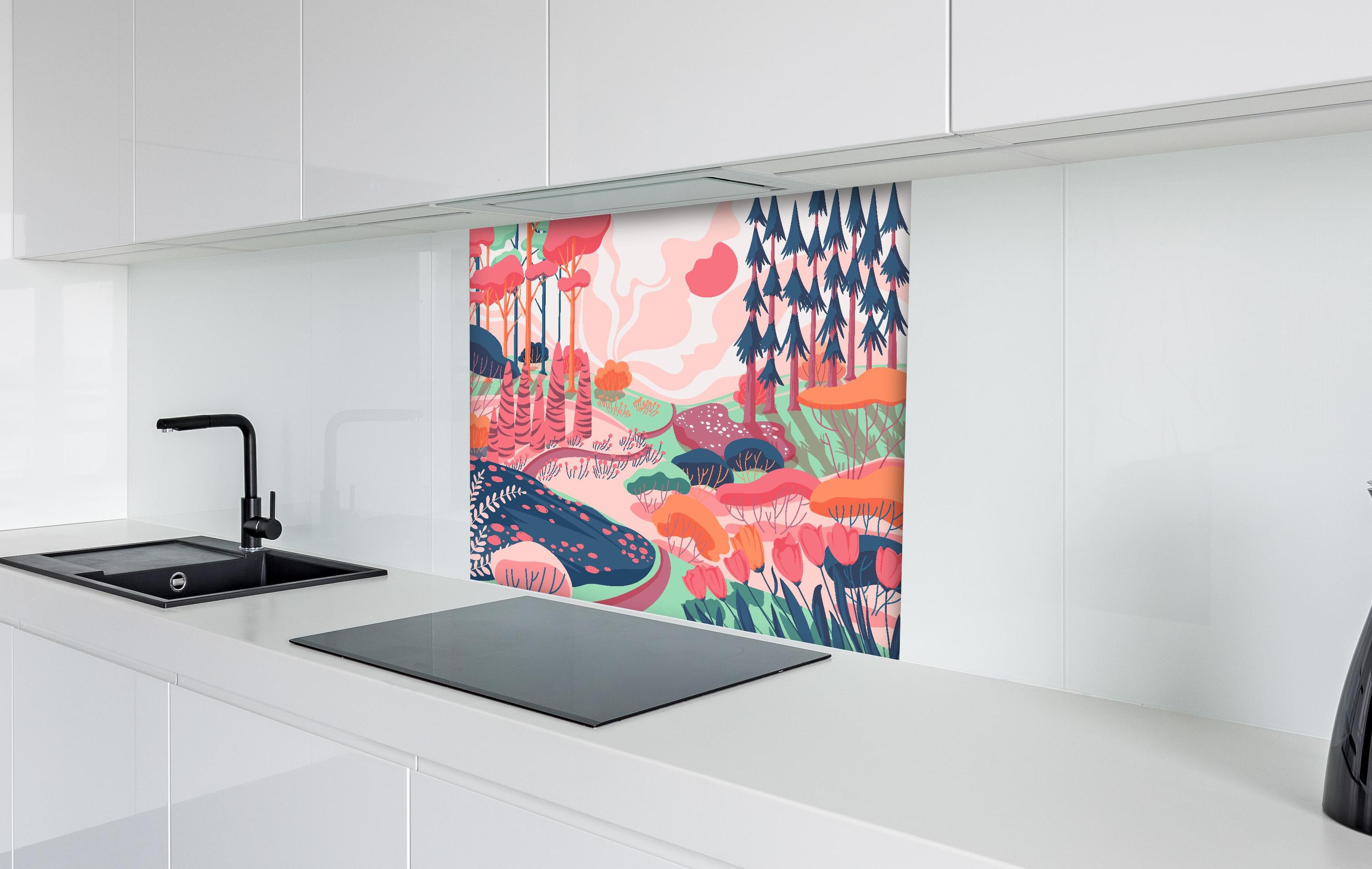 Spritzschutz - Illustrative Waldszene in Pastellfarbtönen hinter einem Cerankochfeld zwischen Holz-Kochutensilien
