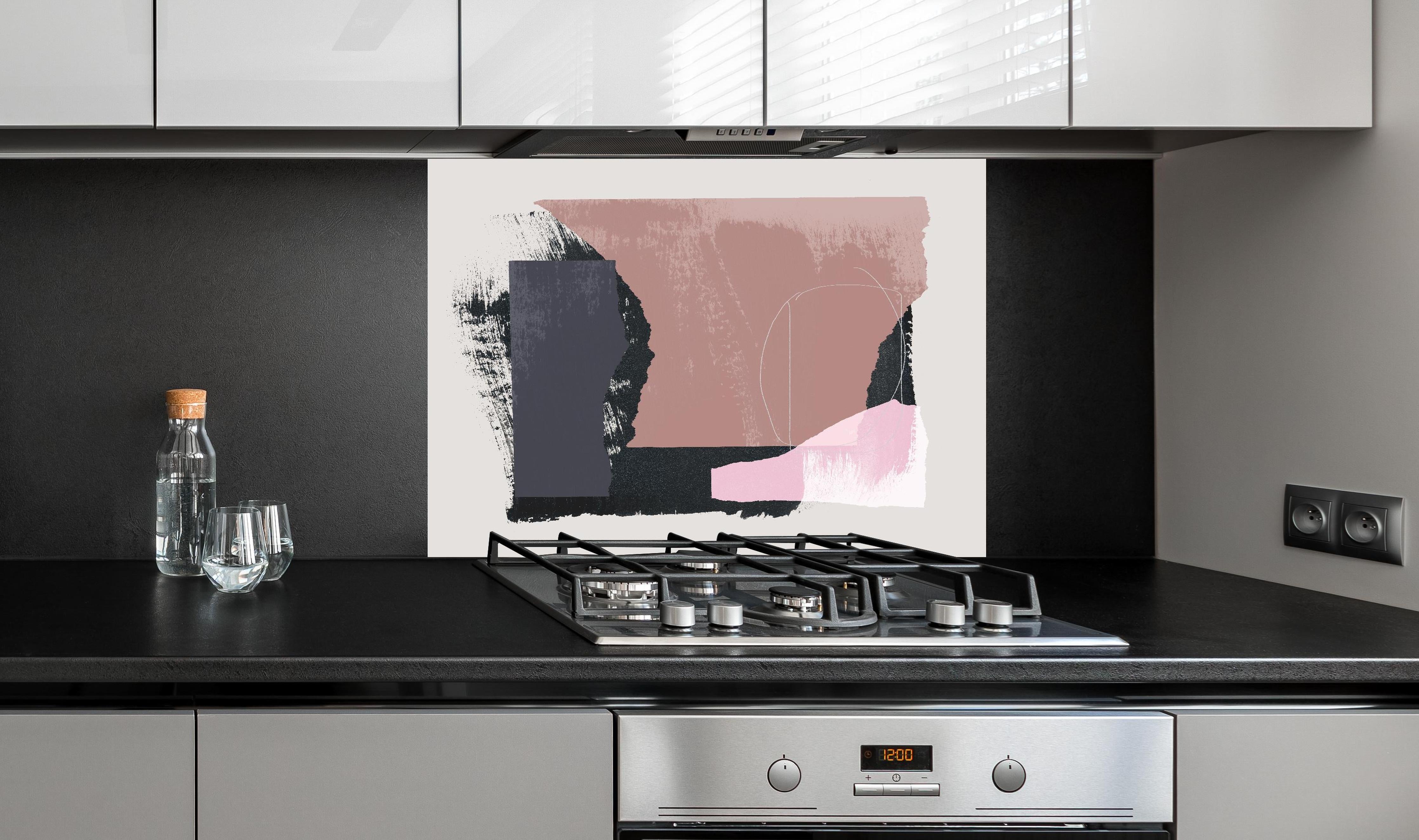 Spritzschutz - Island Wasserfall bei Sonnenuntergang hinter einem Cerankochfeld zwischen Holz-Kochutensilien
