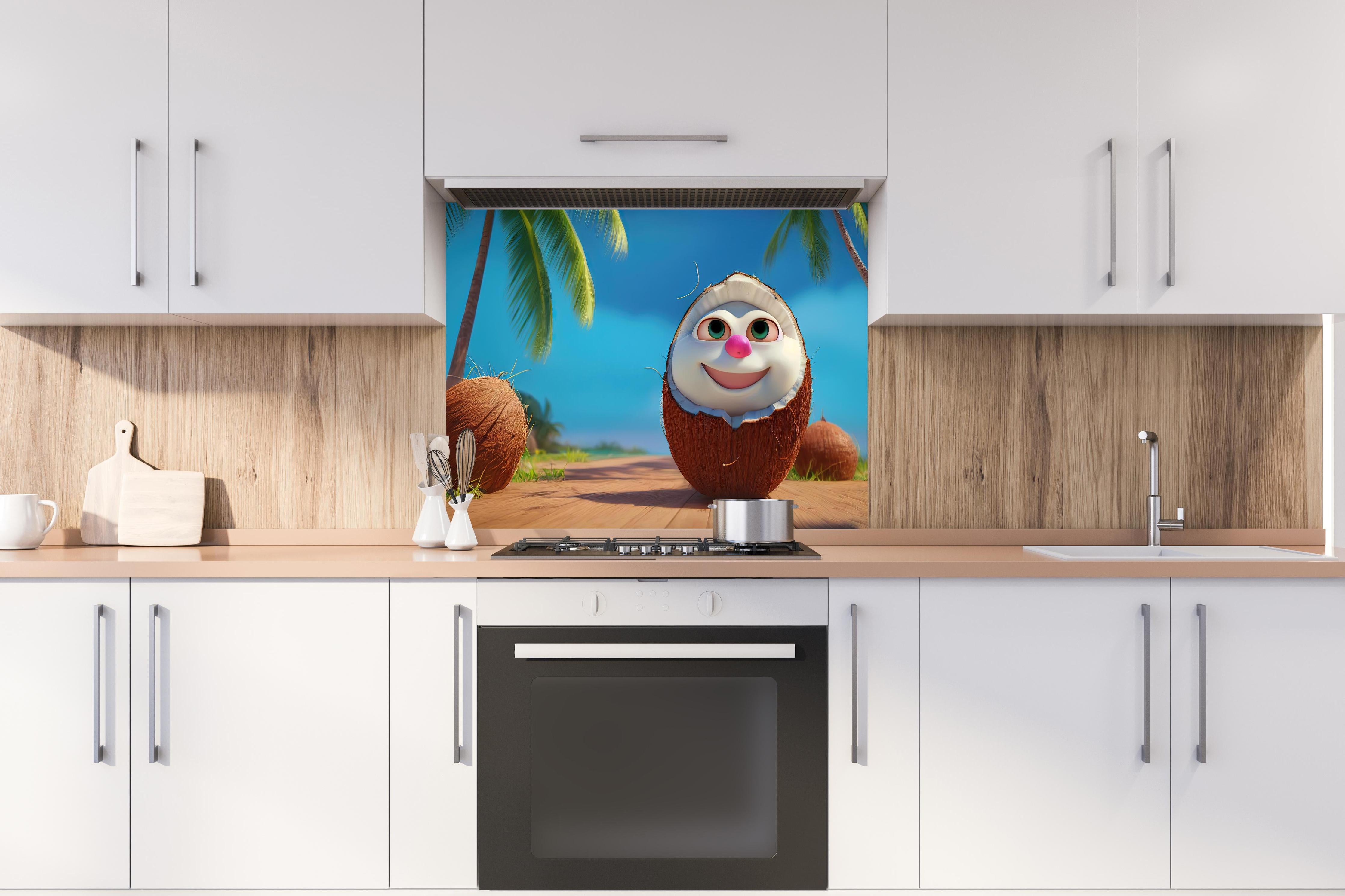 Spritzschutz - Kindermotiv - 3D Kokosnuss Charakter unter Palmen hinter einem Cerankochfeld zwischen Holz-Kochutensilien
