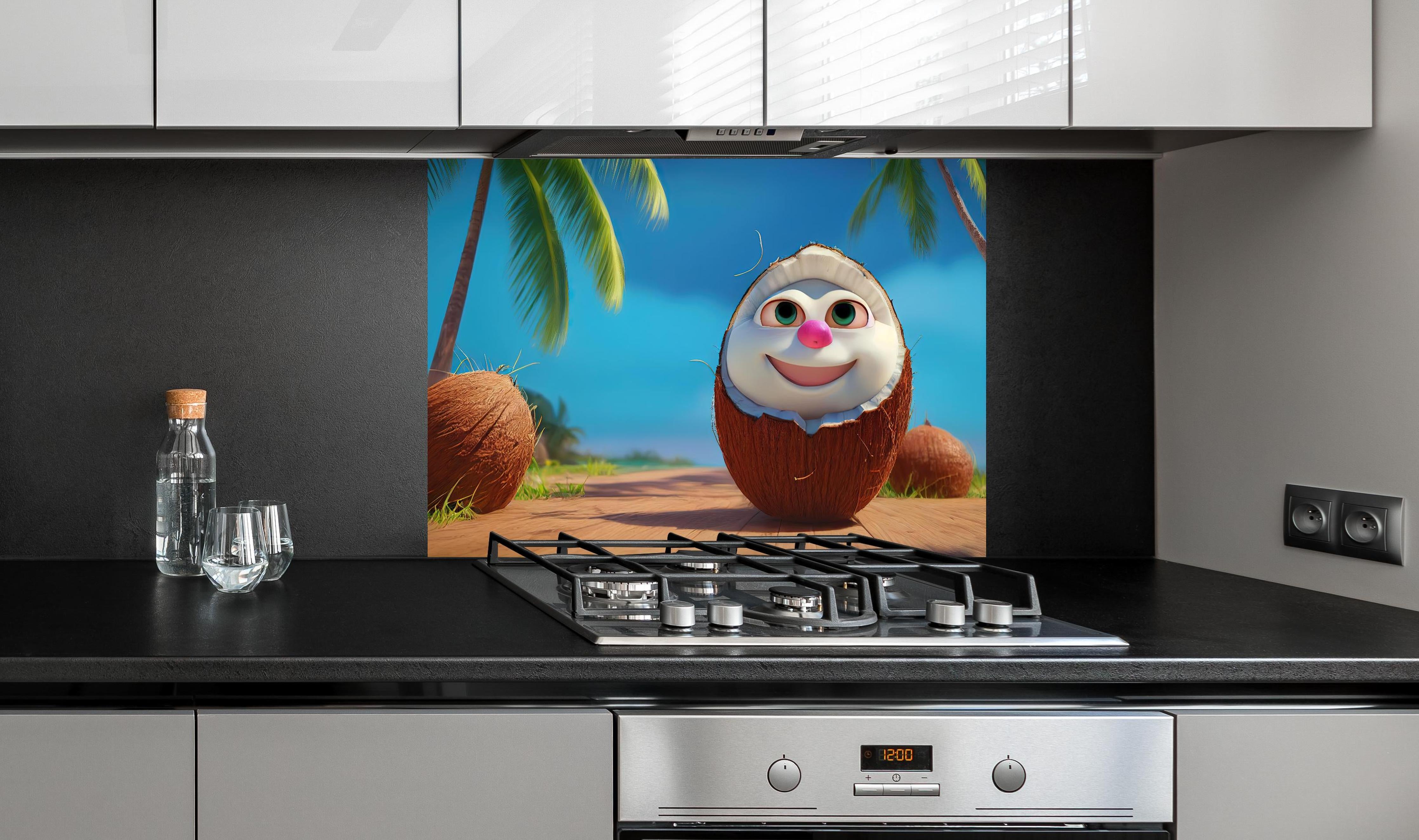 Spritzschutz - Kindermotiv - 3D Kokosnuss Charakter unter Palmen hinter einem Cerankochfeld zwischen Holz-Kochutensilien
