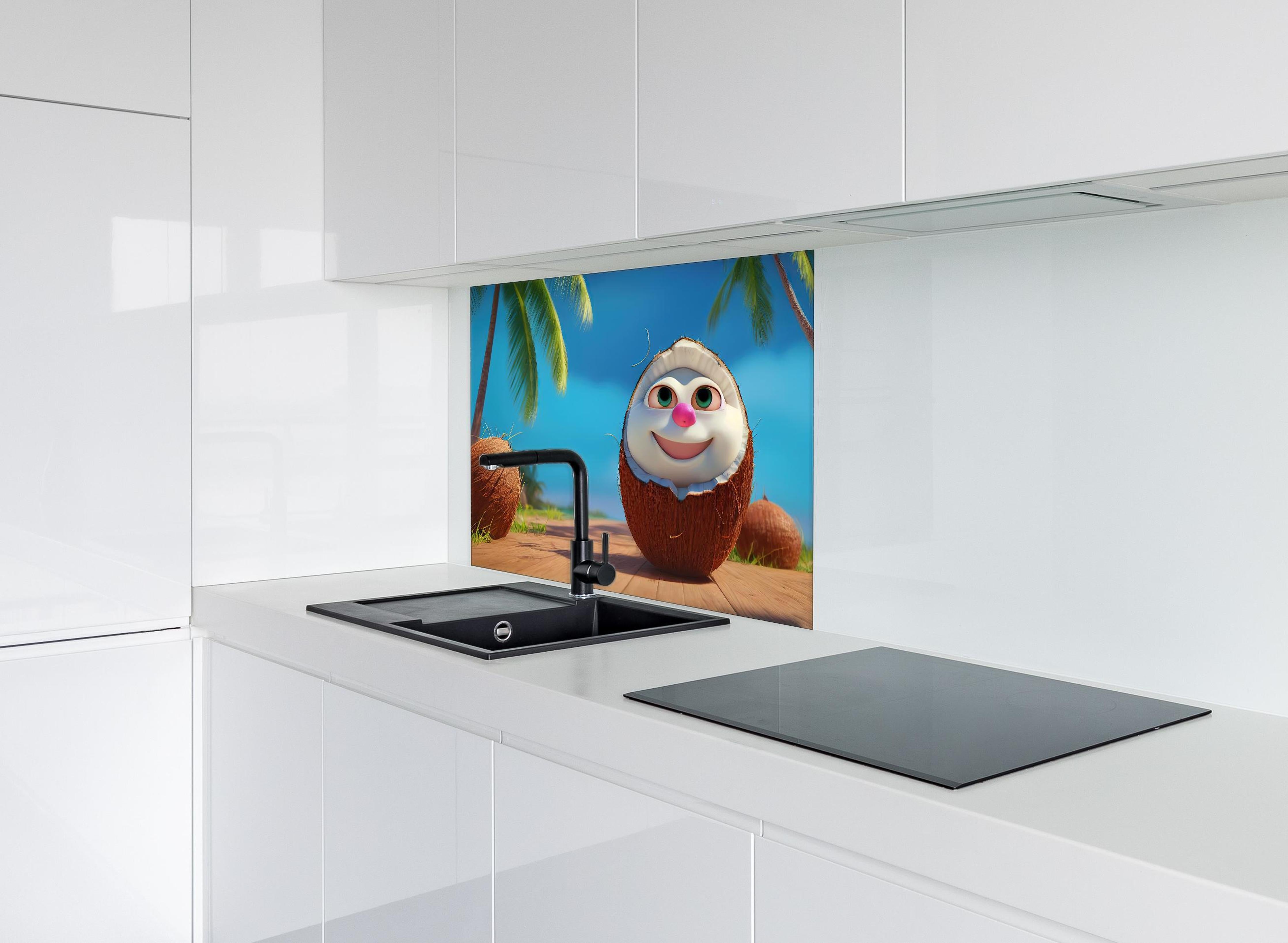 Spritzschutz - Kindermotiv - 3D Kokosnuss Charakter unter Palmen hinter einem Cerankochfeld zwischen Holz-Kochutensilien
