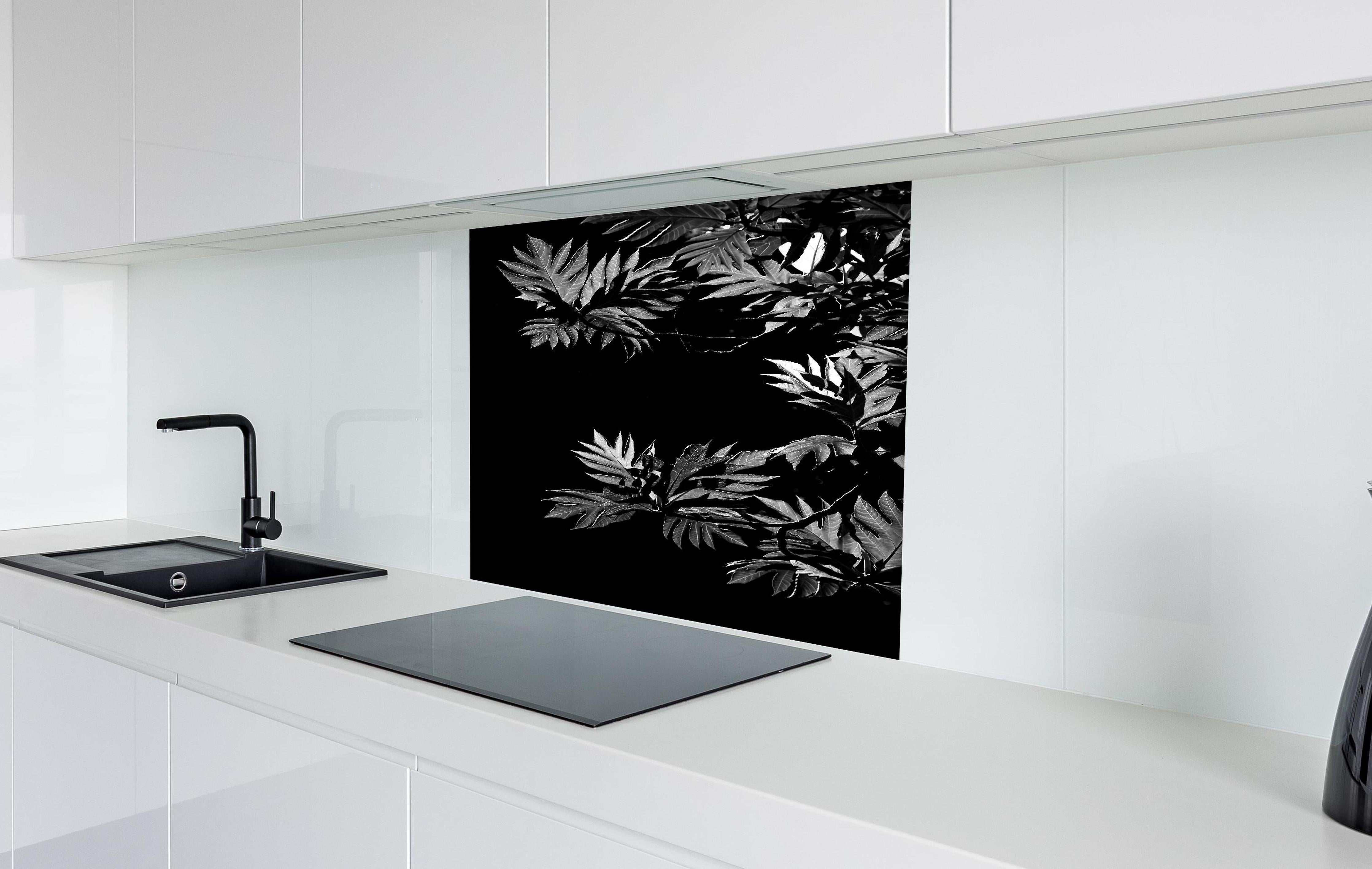 Spritzschutz - Kontrastreiche Blätter auf schwarzem Hintergrund hinter einem Cerankochfeld zwischen Holz-Kochutensilien
