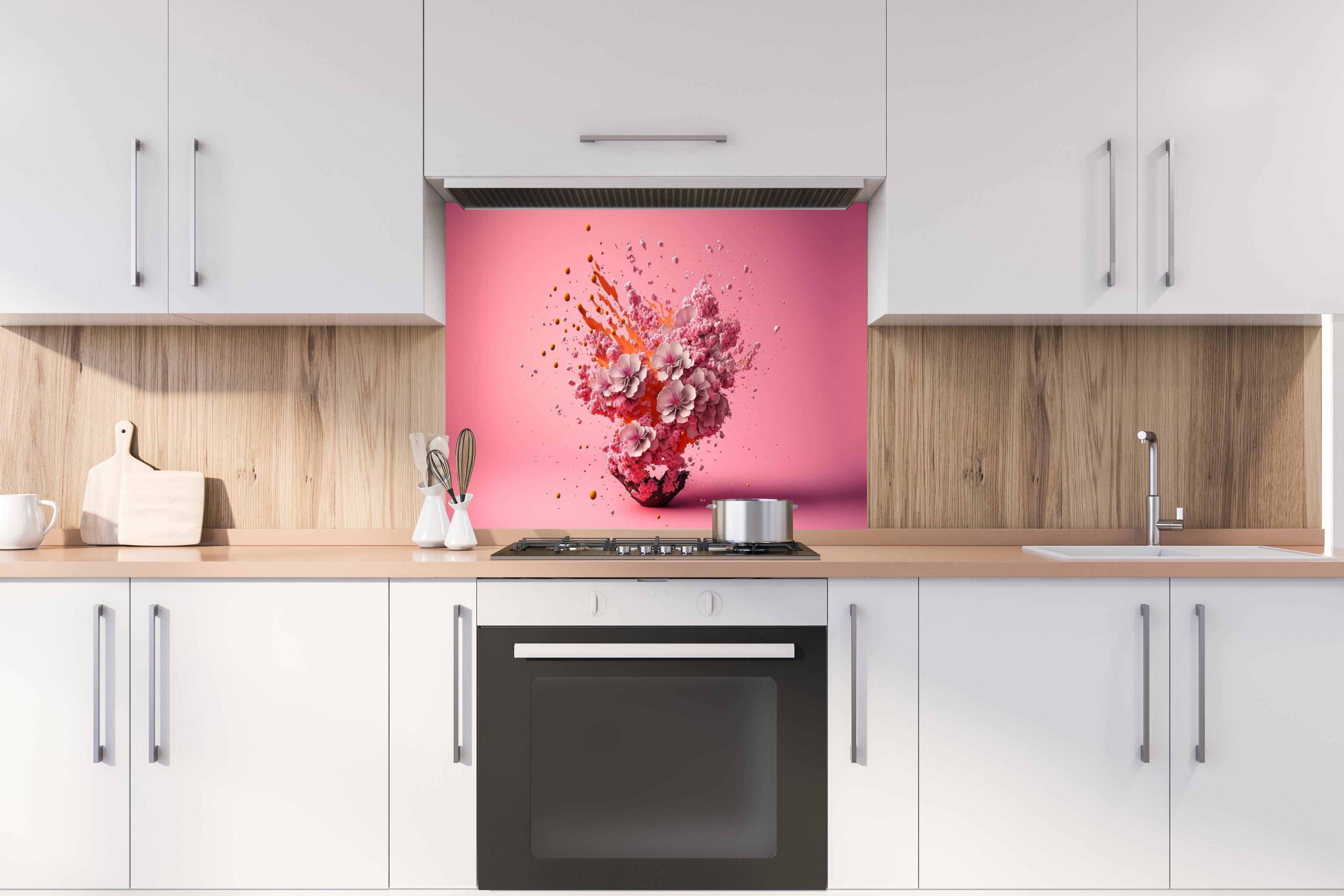 Spritzschutz - Kreative Kirschblüten Petalen Explosion hinter einem Cerankochfeld zwischen Holz-Kochutensilien
