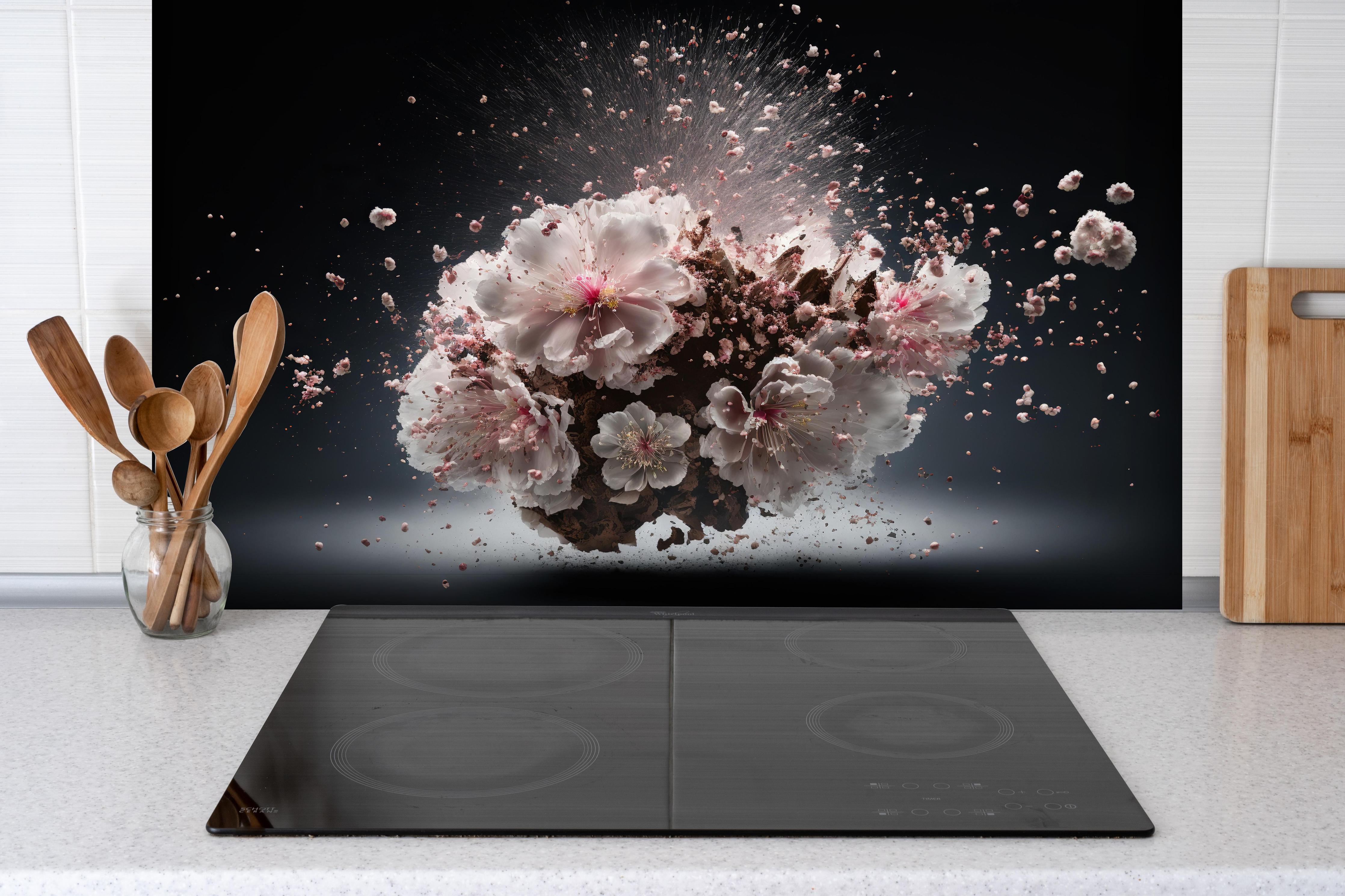 Spritzschutz - Kreative Kirschblütenblütenexplosion 2 hinter einem Cerankochfeld zwischen Holz-Kochutensilien
