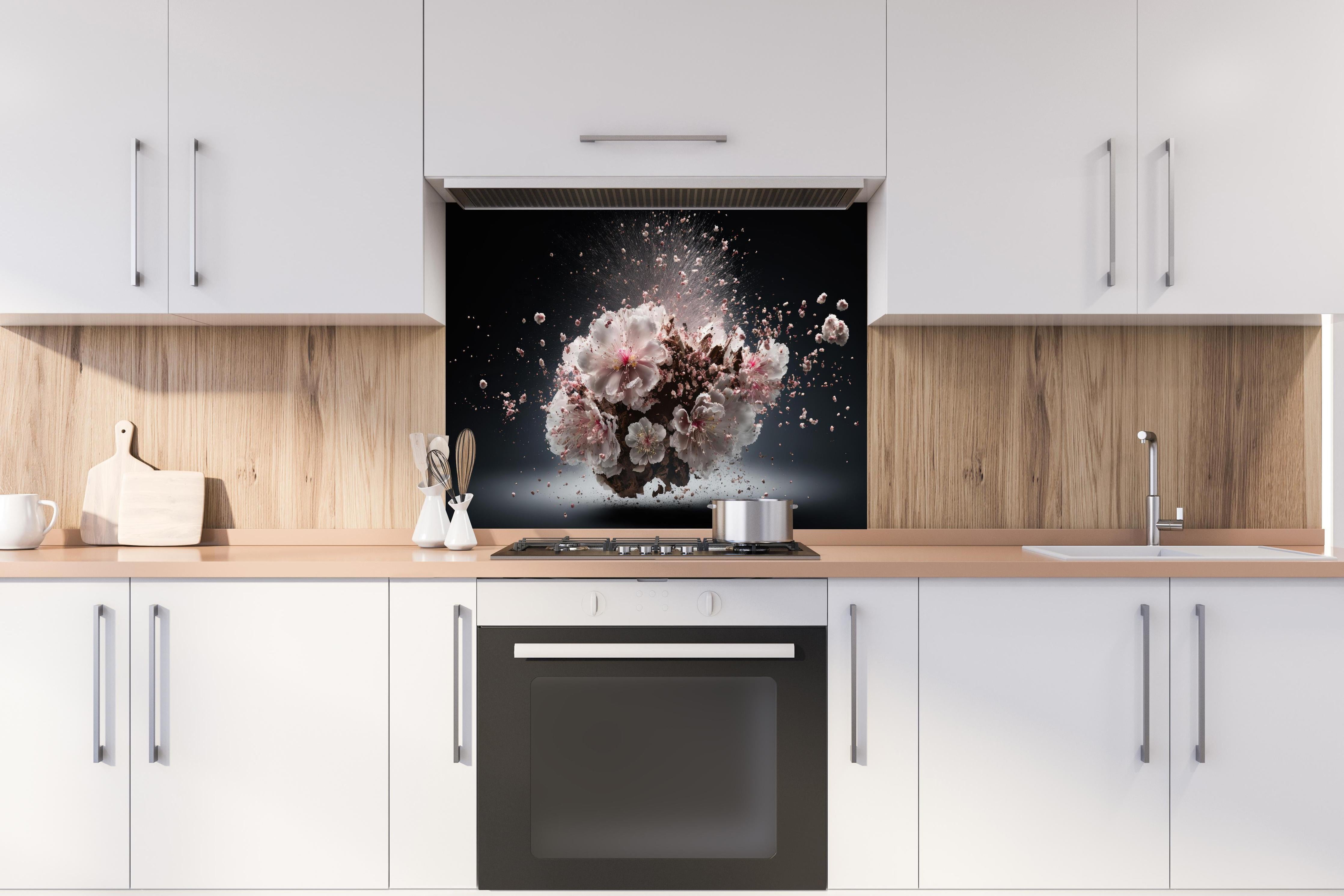 Spritzschutz - Kreative Kirschblütenblütenexplosion 2 hinter einem Cerankochfeld zwischen Holz-Kochutensilien
