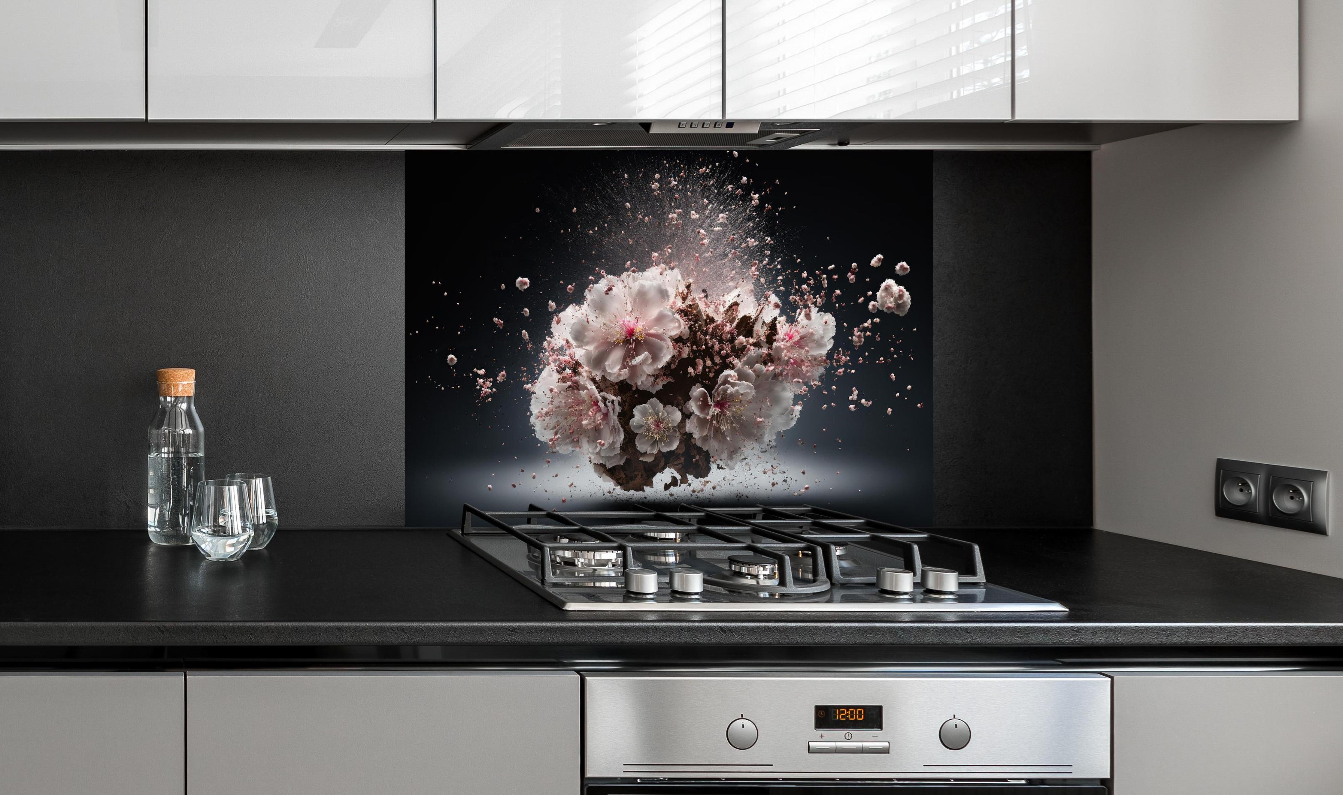 Spritzschutz - Kreative Kirschblütenblütenexplosion 2 hinter einem Cerankochfeld zwischen Holz-Kochutensilien
