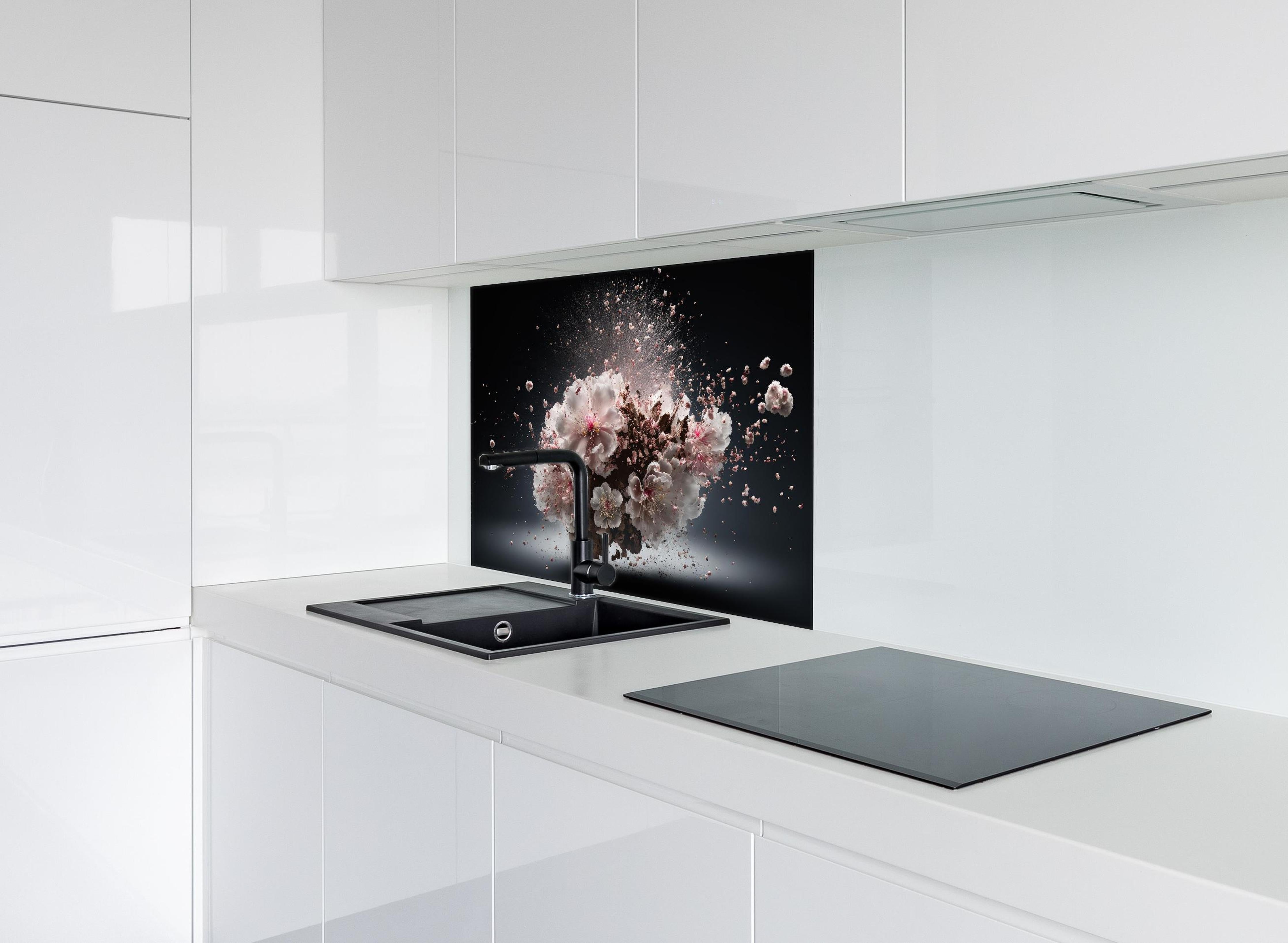 Spritzschutz - Kreative Kirschblütenblütenexplosion 2 hinter einem Cerankochfeld zwischen Holz-Kochutensilien
