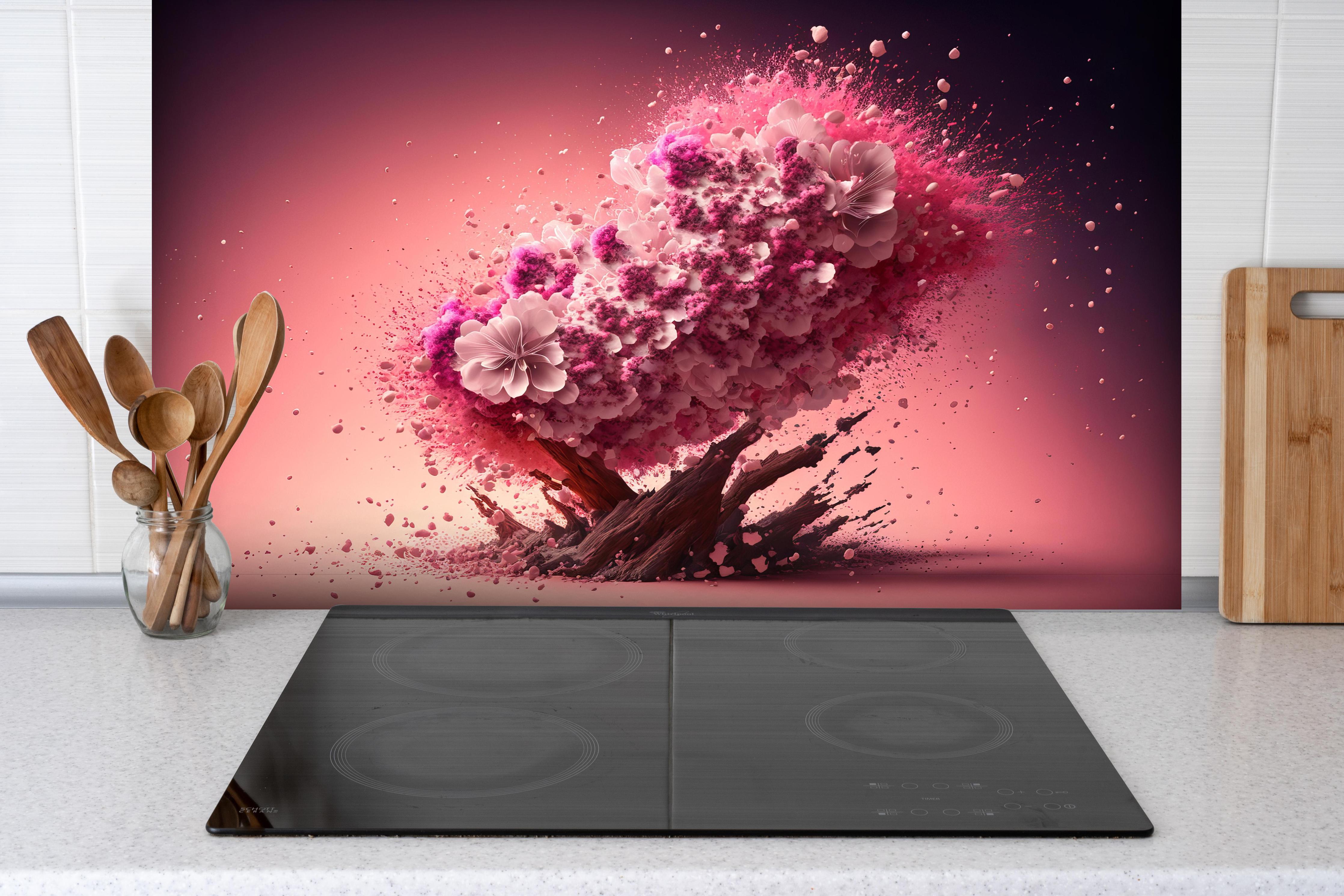 Spritzschutz - Kreative Kirschblütenblütenexplosion 3 hinter einem Cerankochfeld zwischen Holz-Kochutensilien
