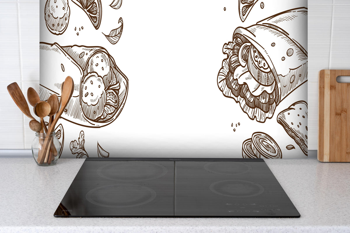 Spritzschutz - Künstlerische Wrap-Zeichnung in Schwarz-Weiß hinter einem Cerankochfeld zwischen Holz-Kochutensilien
