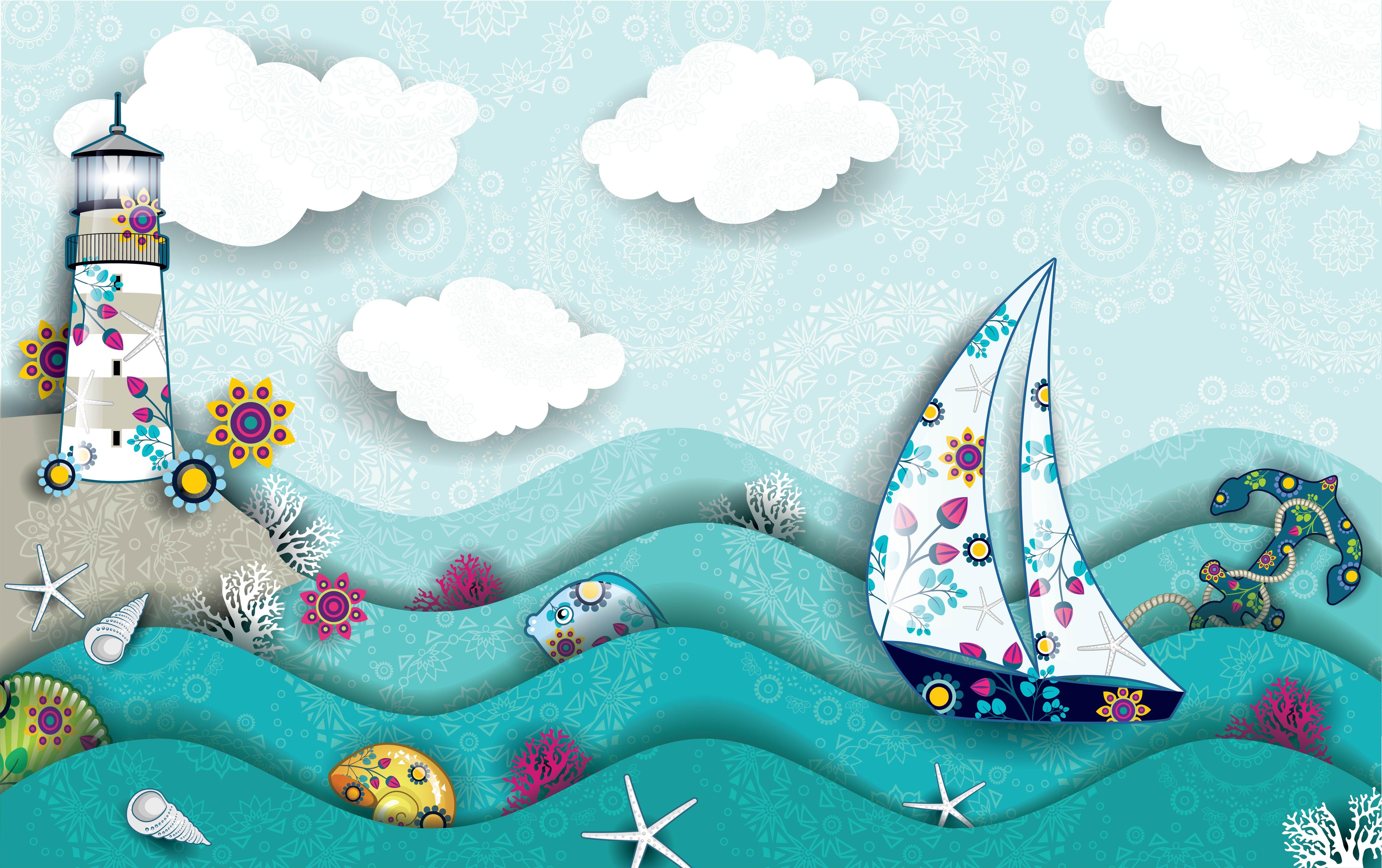 Spritzschutz-Landschaft mit Leuchtturm und Segelboot