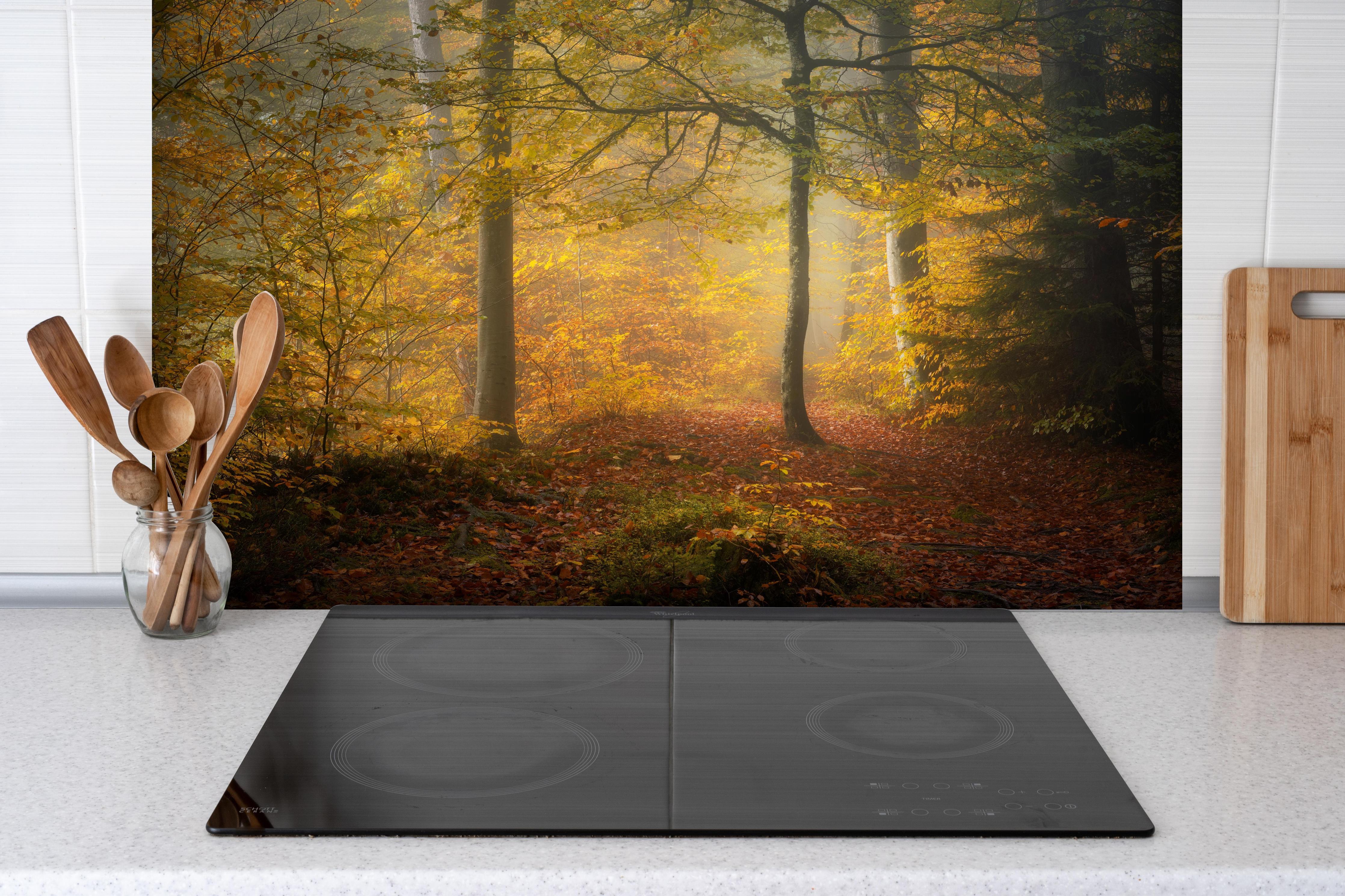 Spritzschutz - Laub im Wald hinter einem Cerankochfeld zwischen Holz-Kochutensilien
