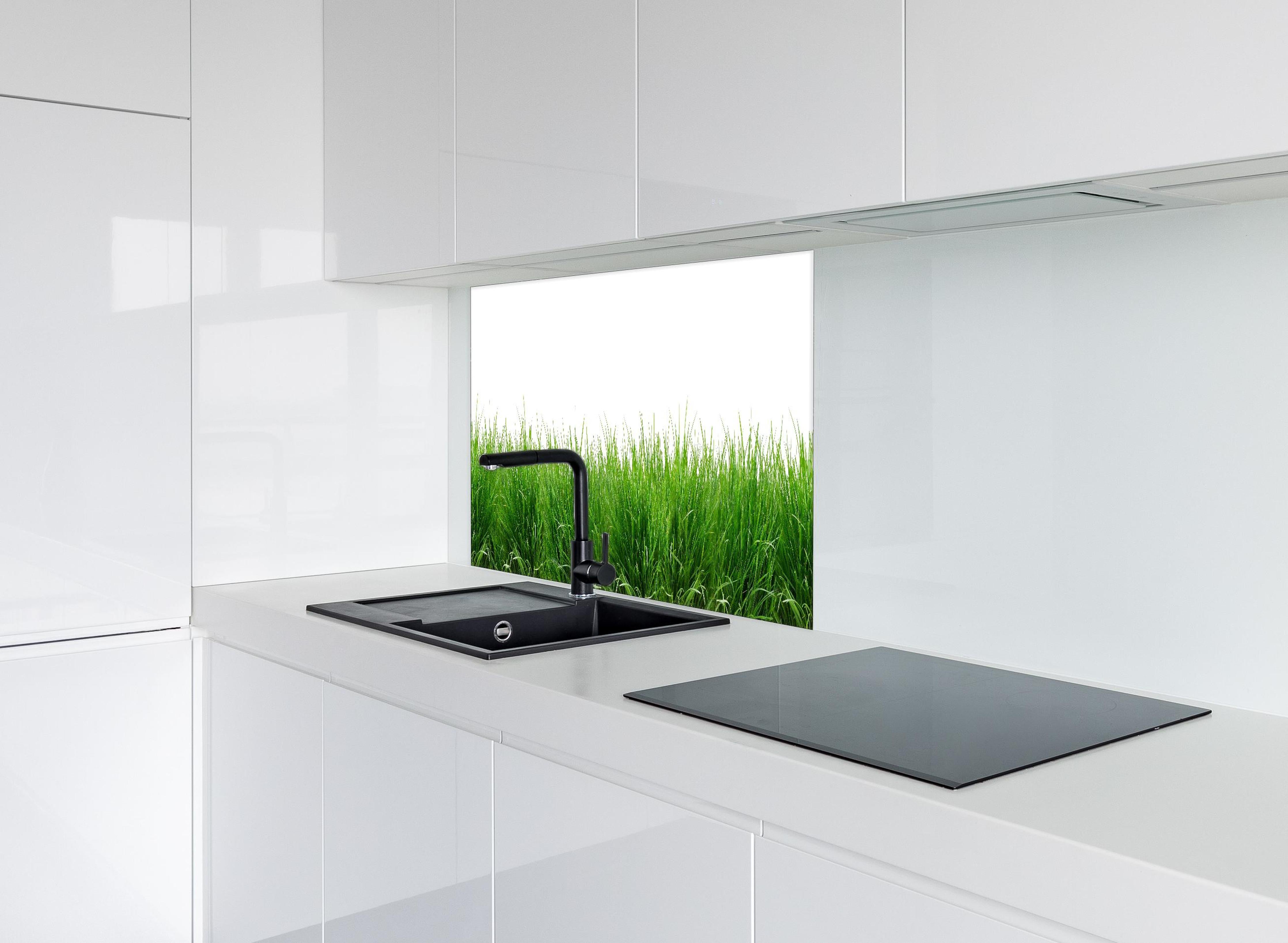 Spritzschutz - Lebendiges Grünes Gras Panoramabild hinter einem Cerankochfeld zwischen Holz-Kochutensilien
