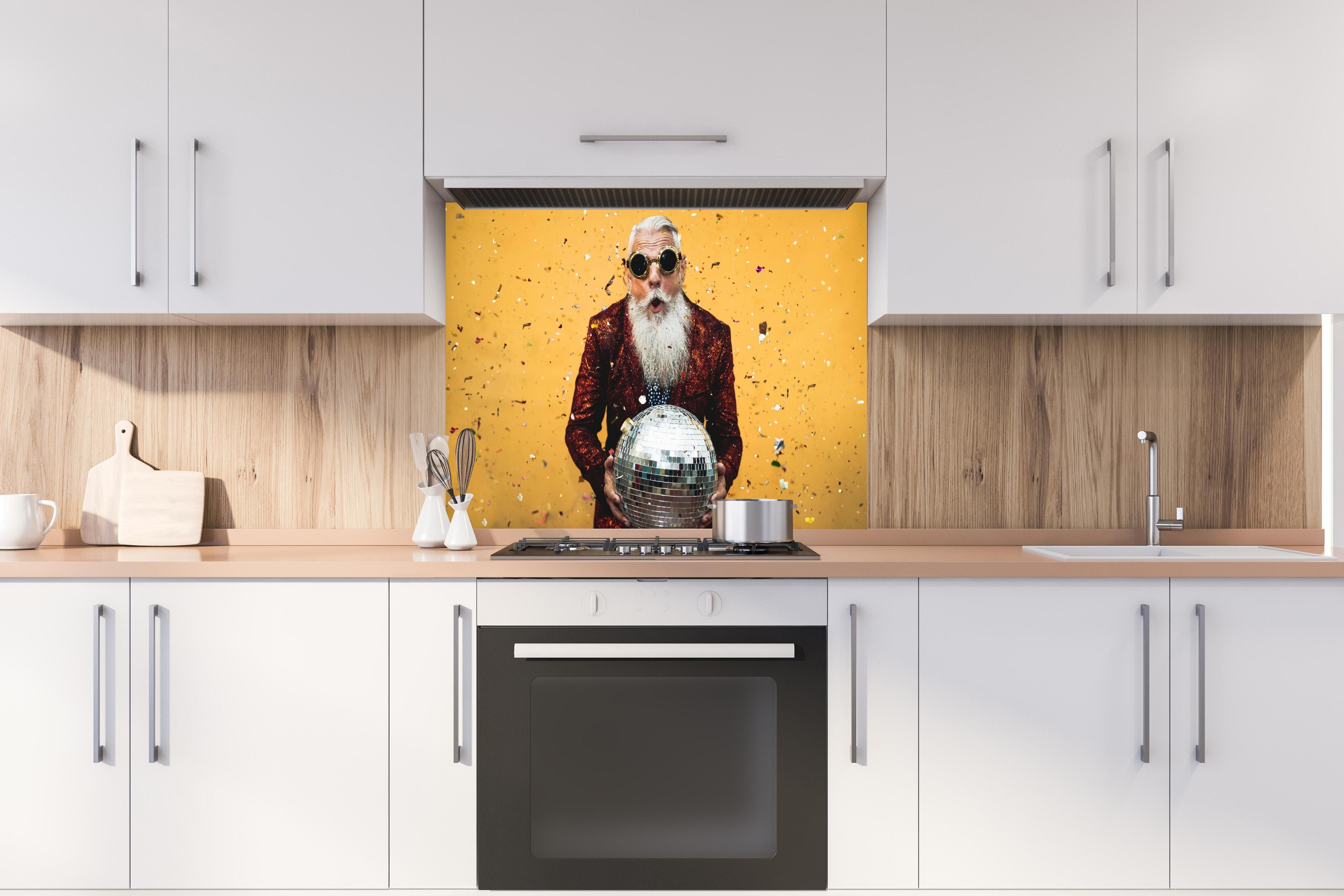 Spritzschutz - Lebensfroher Senior feiert mit Discokugel hinter einem Cerankochfeld zwischen Holz-Kochutensilien
