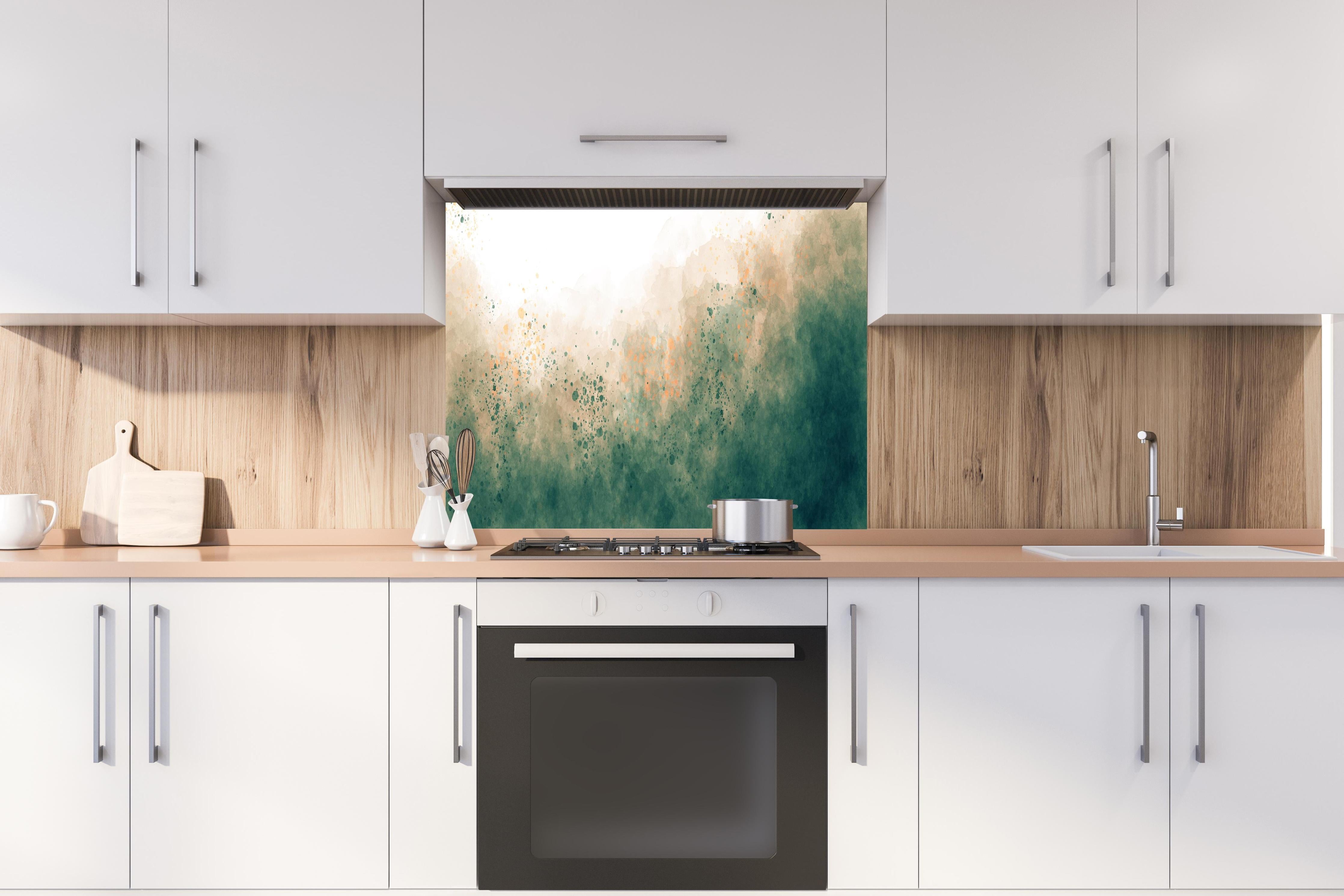 Spritzschutz - Light Sea Green Aquarell Himmel mit Wolken hinter einem Cerankochfeld zwischen Holz-Kochutensilien
