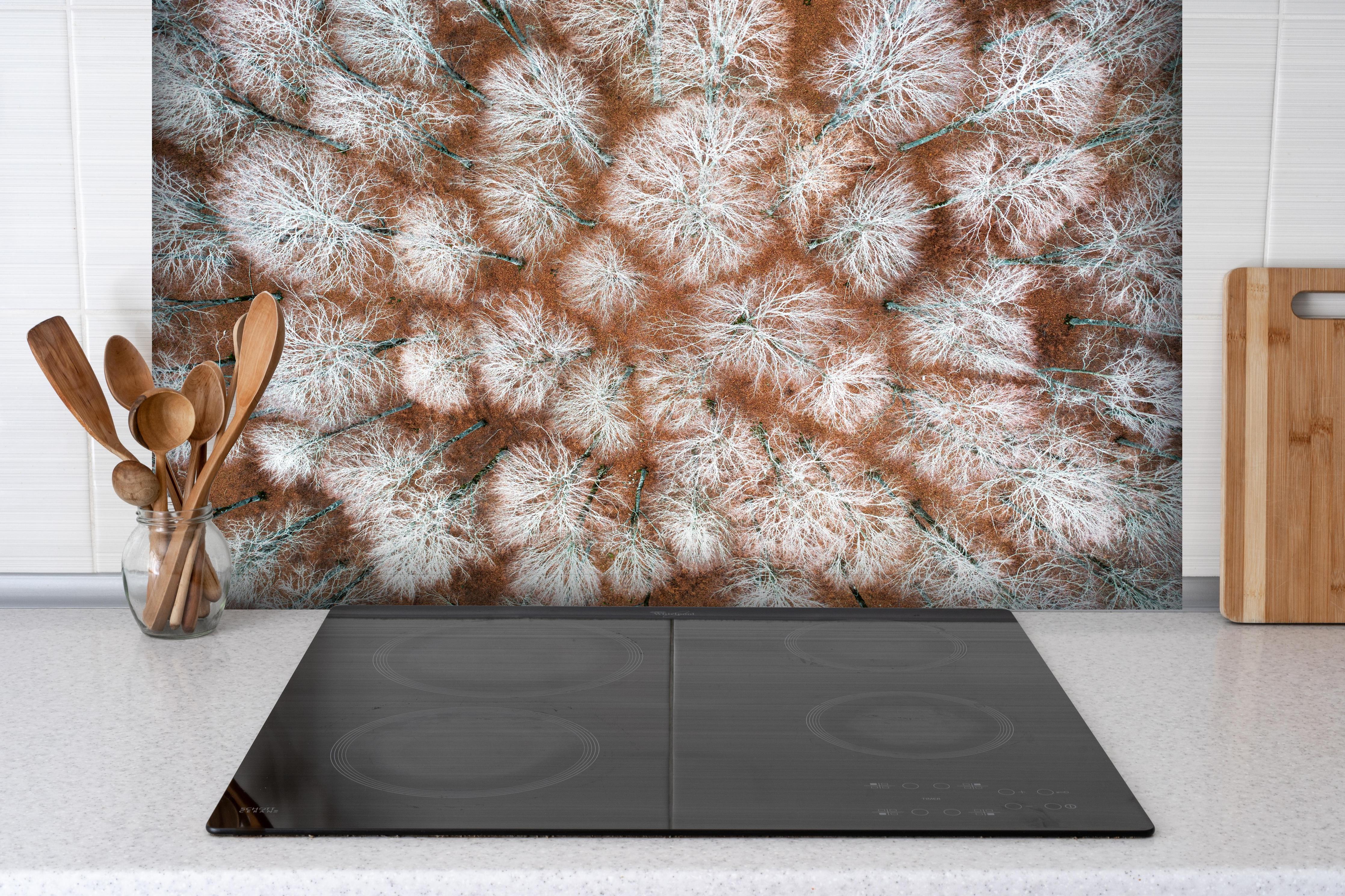 Spritzschutz - Luftansicht Herbstwald in Rot-Orange Tönen hinter einem Cerankochfeld zwischen Holz-Kochutensilien
