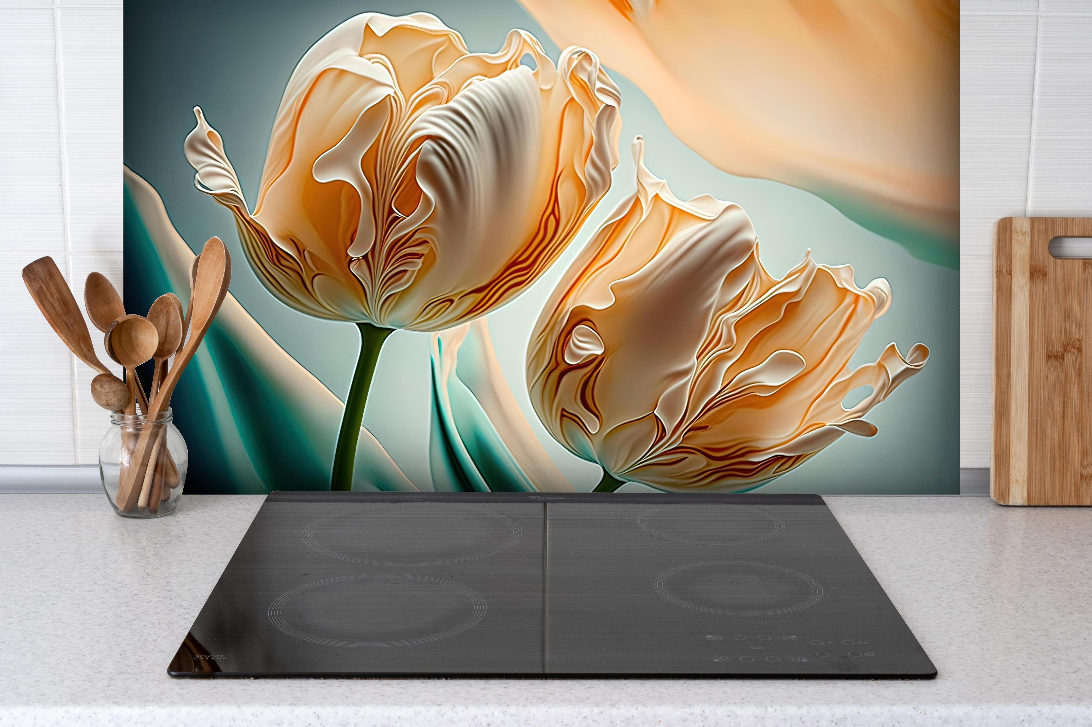 Spritzschutz - Luxuriöse abstrakte Tulpen Fluid Art hinter einem Cerankochfeld zwischen Holz-Kochutensilien
