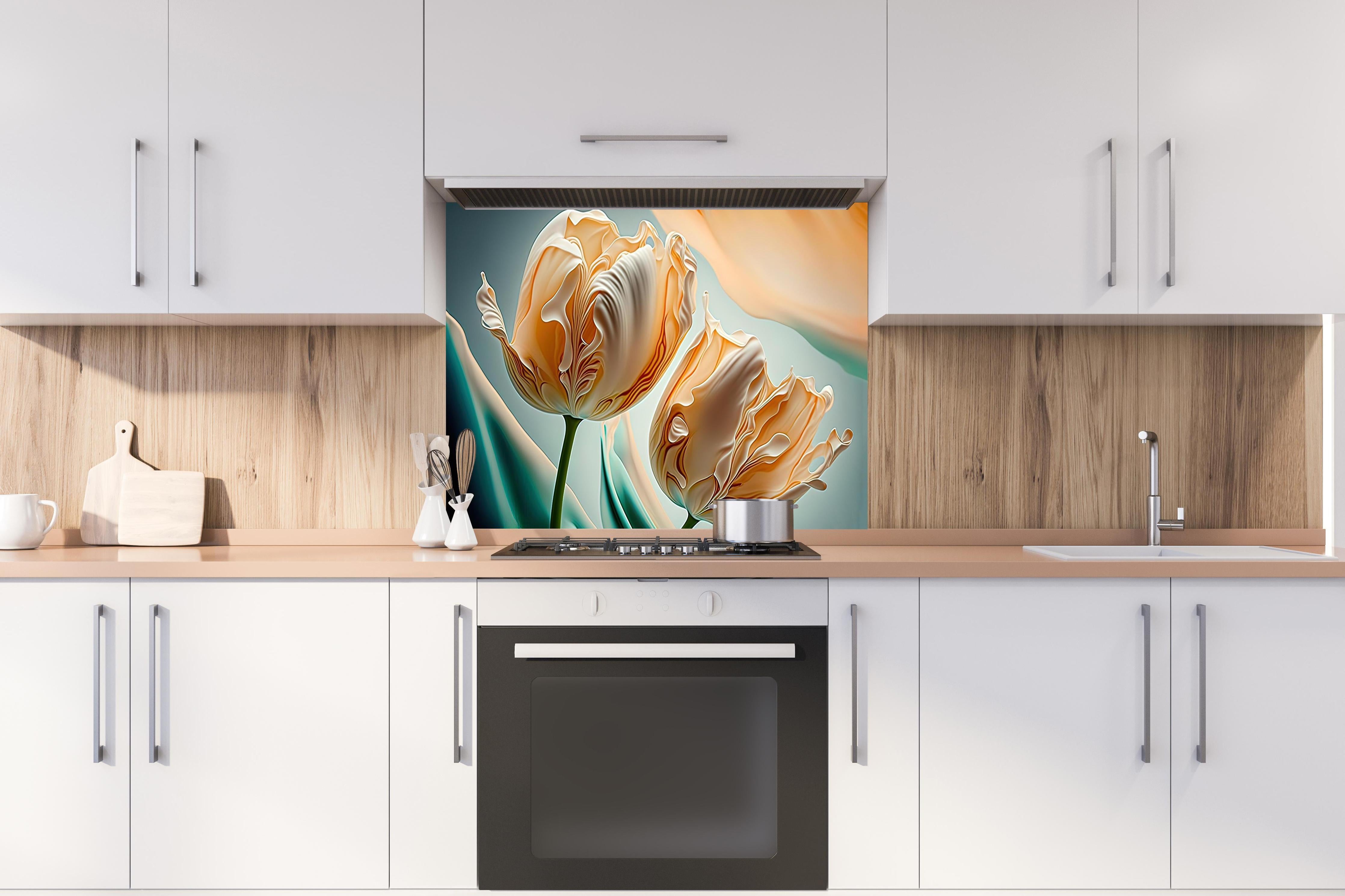 Spritzschutz - Luxuriöse abstrakte Tulpen Fluid Art hinter einem Cerankochfeld zwischen Holz-Kochutensilien

