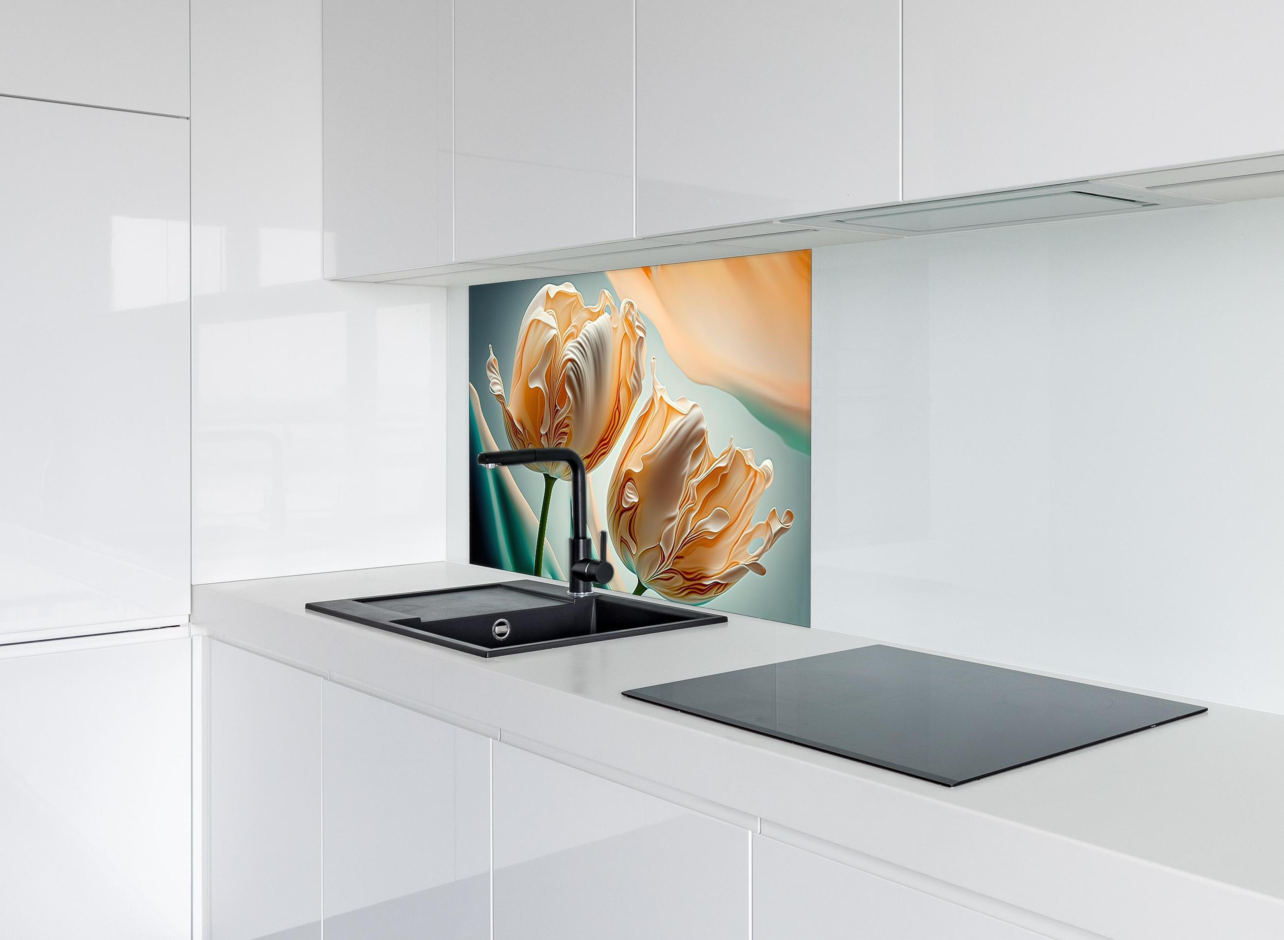 Spritzschutz - Luxuriöse abstrakte Tulpen Fluid Art hinter einem Cerankochfeld zwischen Holz-Kochutensilien
