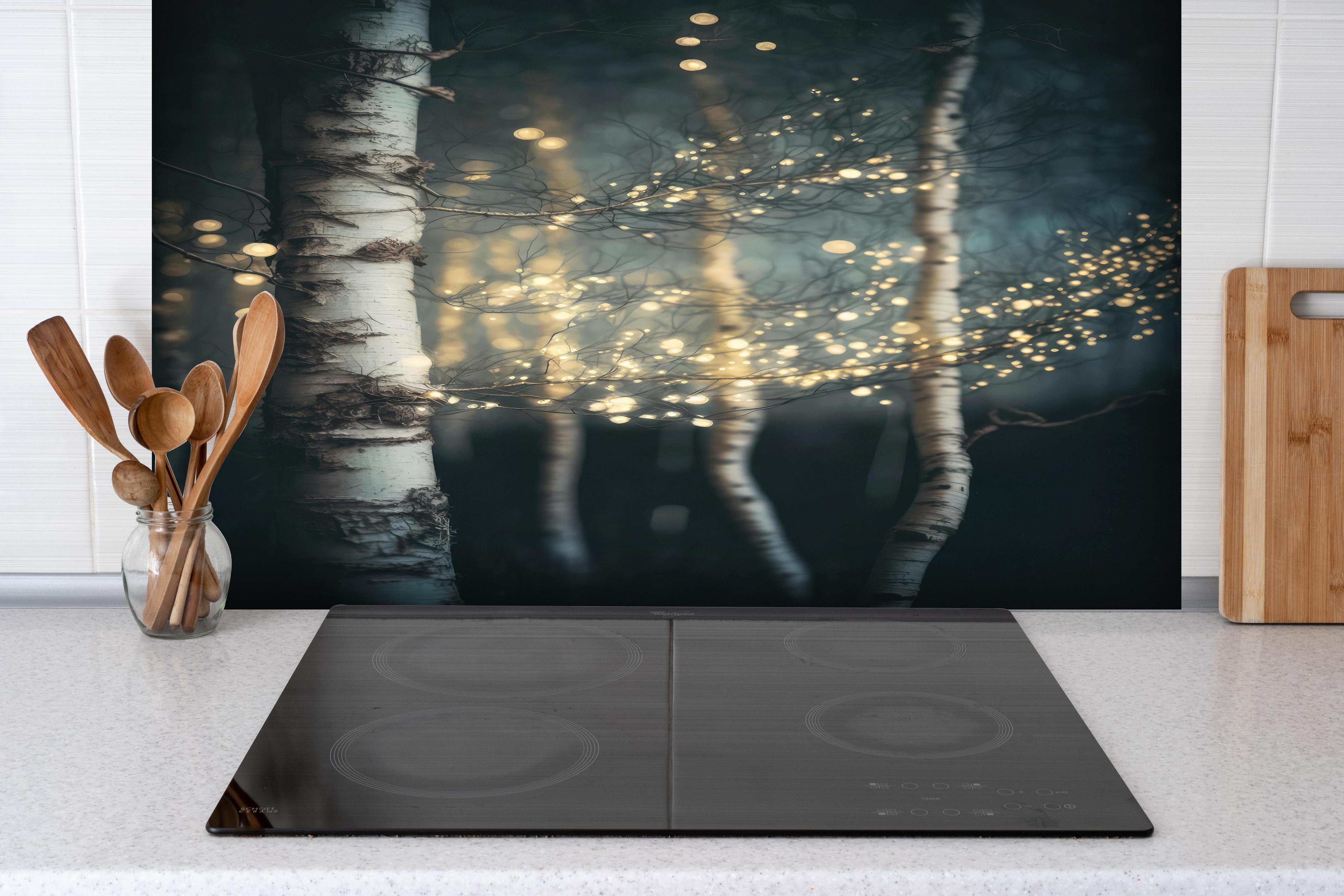 Spritzschutz - Magischer Wald hinter einem Cerankochfeld zwischen Holz-Kochutensilien
