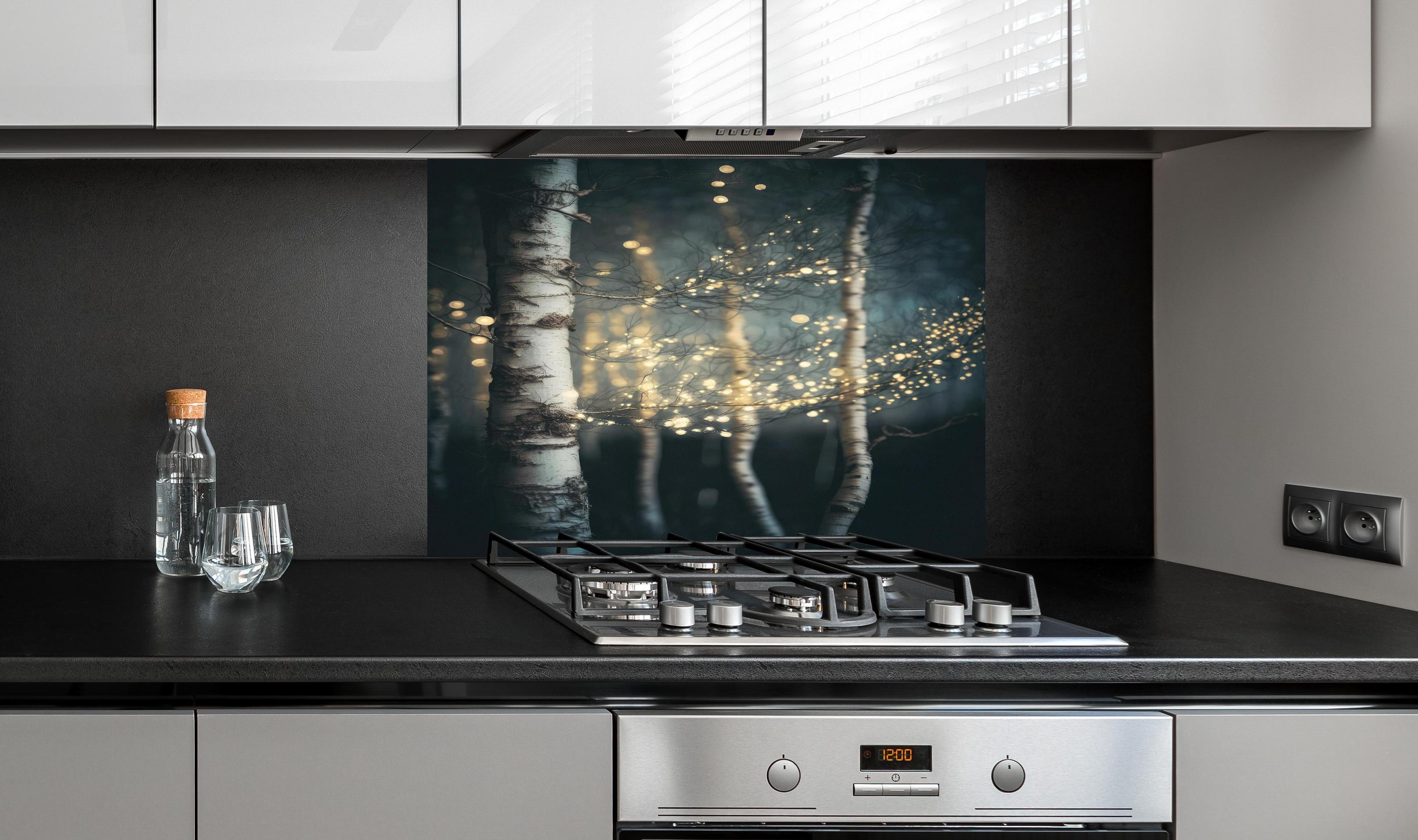 Spritzschutz - Magischer Wald hinter einem Cerankochfeld zwischen Holz-Kochutensilien
