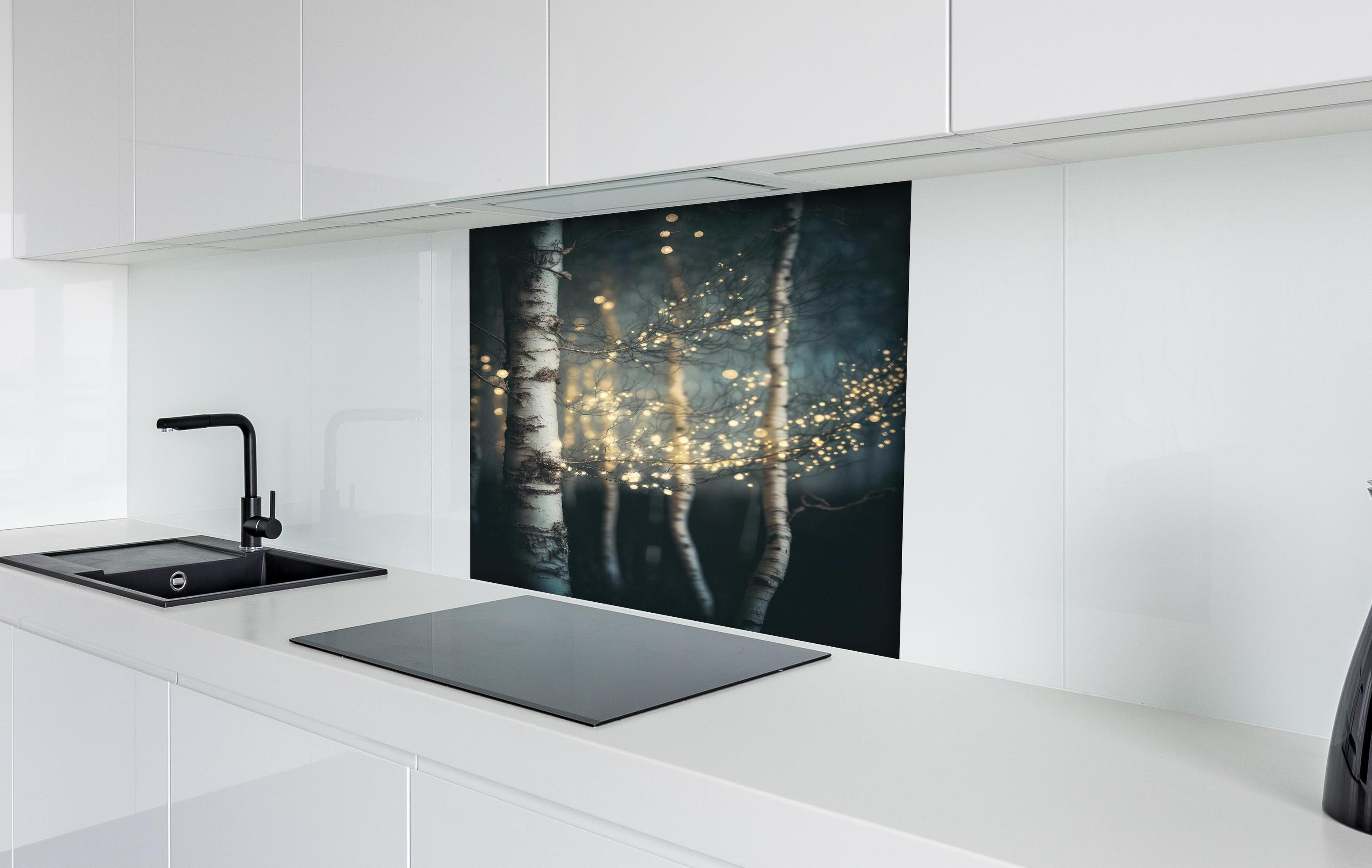 Spritzschutz - Magischer Wald hinter einem Cerankochfeld zwischen Holz-Kochutensilien
