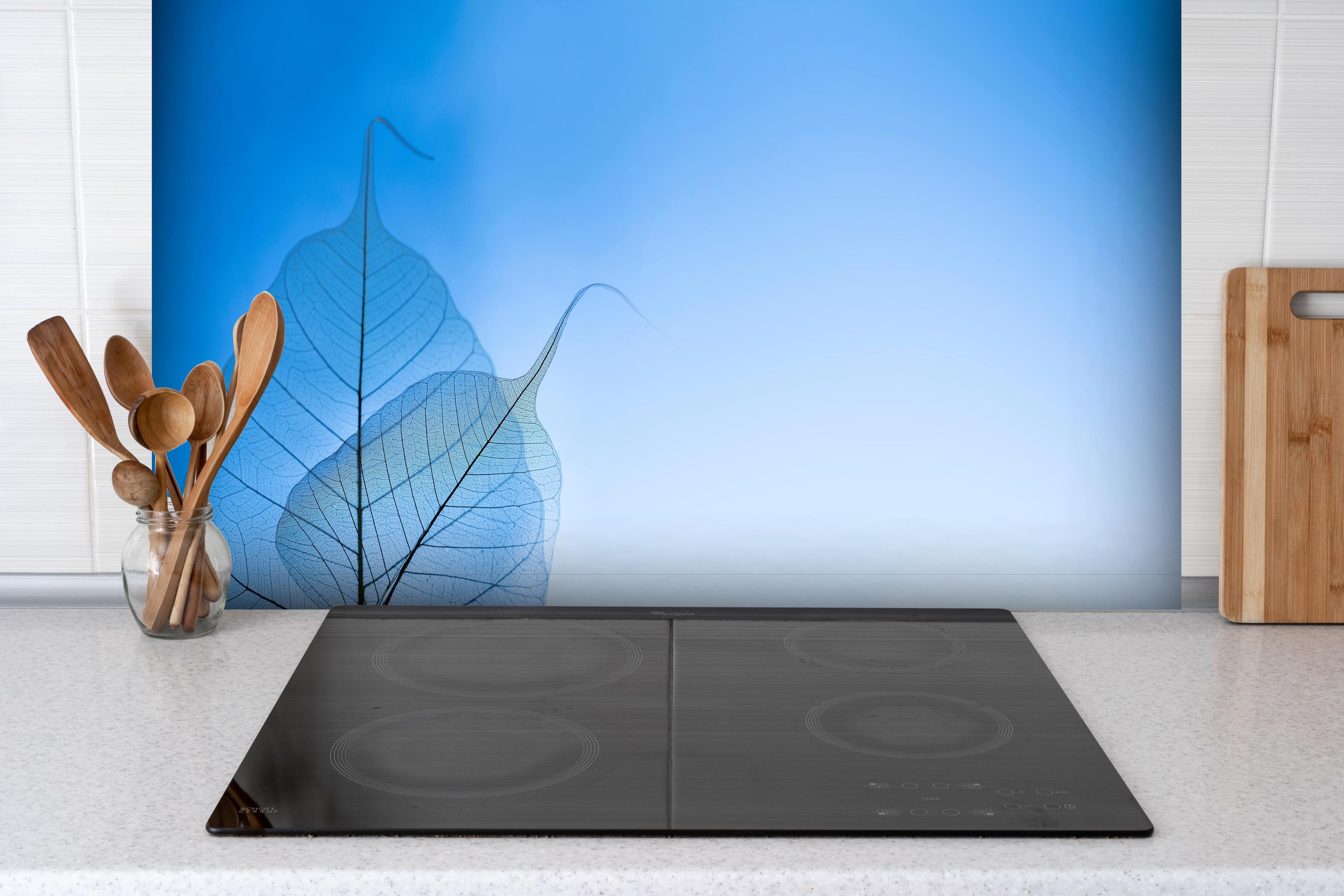 Spritzschutz - Makro-Fotografie Blaue Adern Durchscheinendes Blatt hinter einem Cerankochfeld zwischen Holz-Kochutensilien
