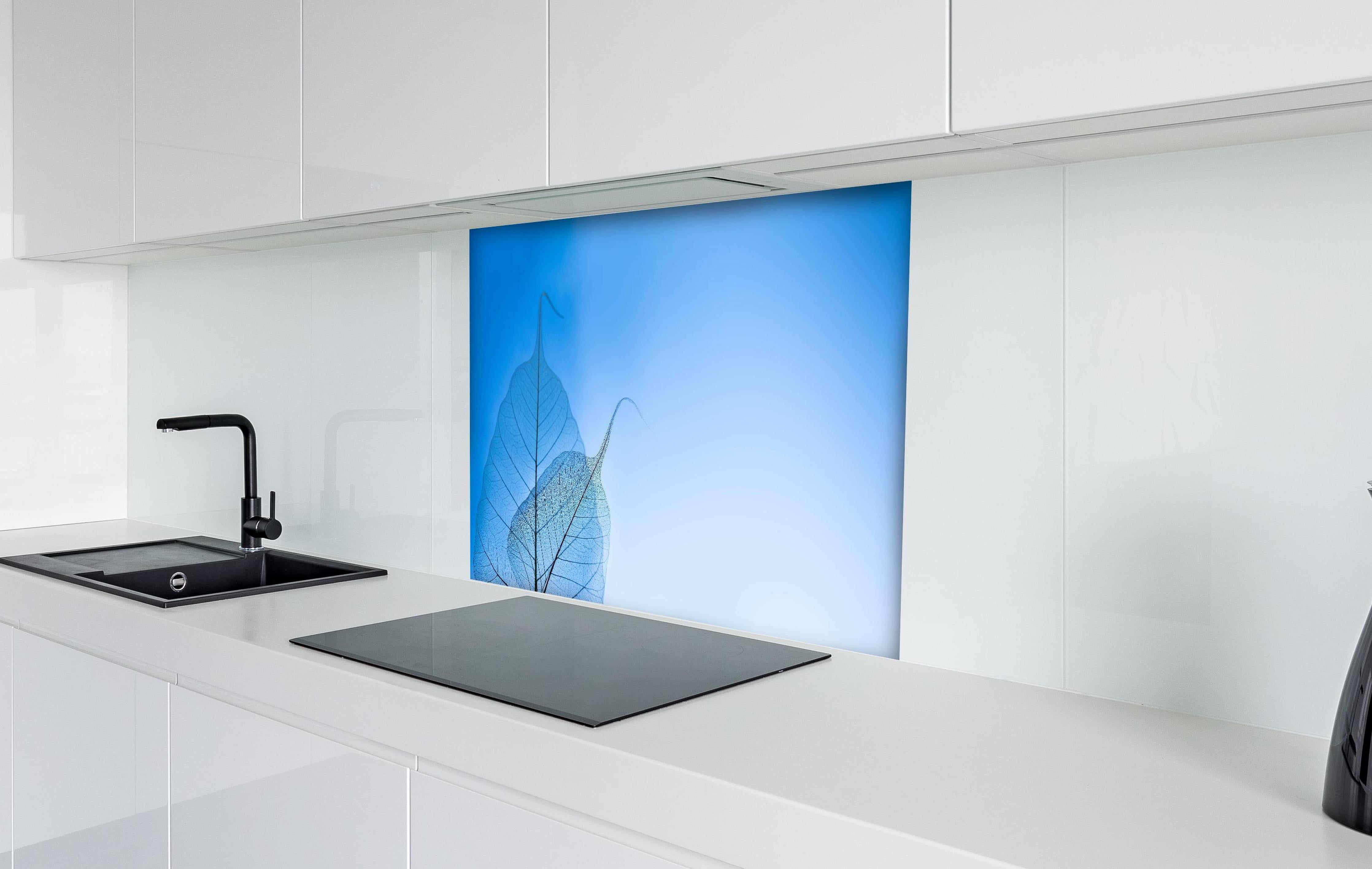 Spritzschutz - Makro-Fotografie Blaue Adern Durchscheinendes Blatt hinter einem Cerankochfeld zwischen Holz-Kochutensilien
