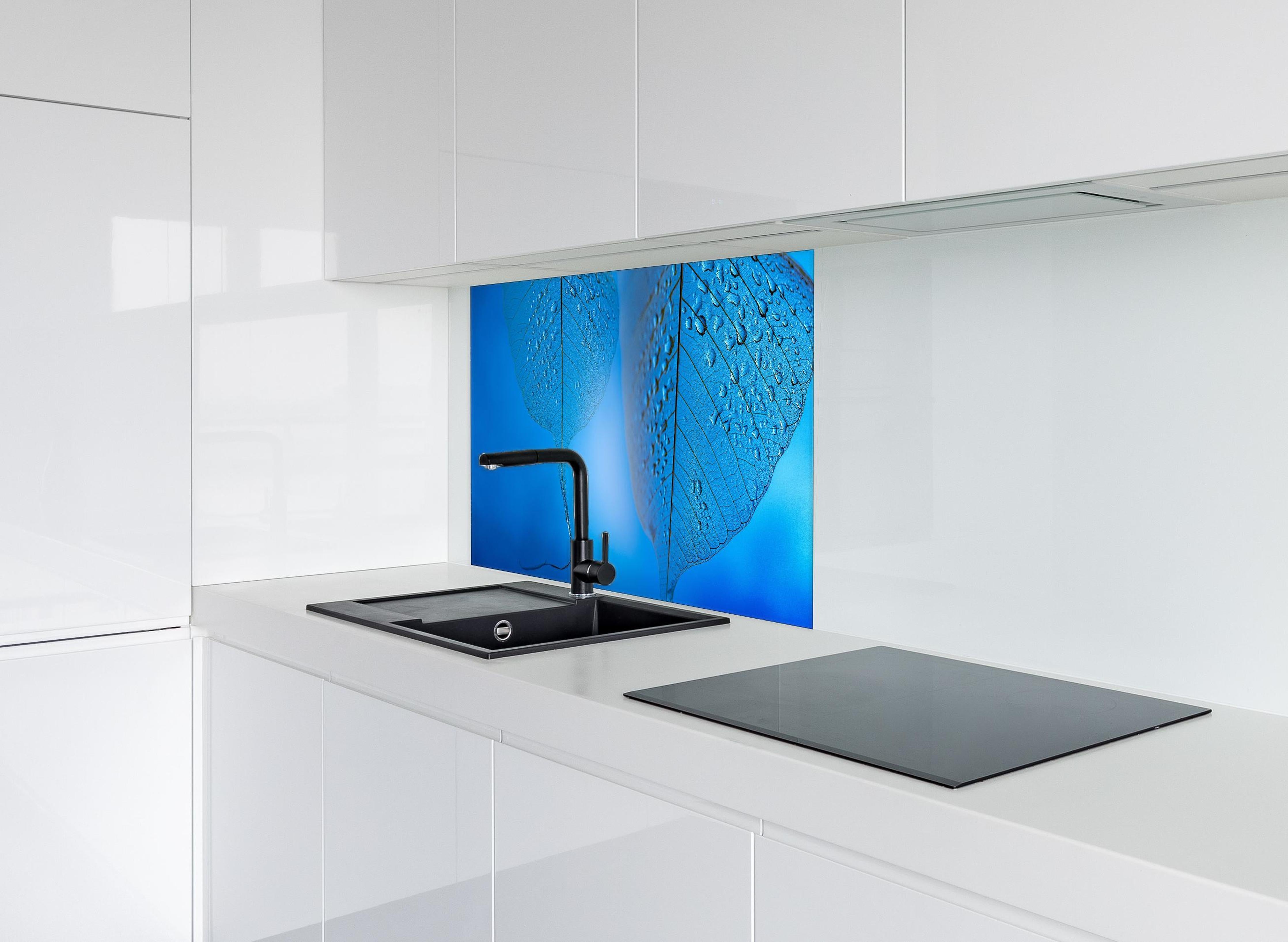 Spritzschutz - Makroaufnahme Blatt mit Tautropfen Blau hinter einem Cerankochfeld zwischen Holz-Kochutensilien
