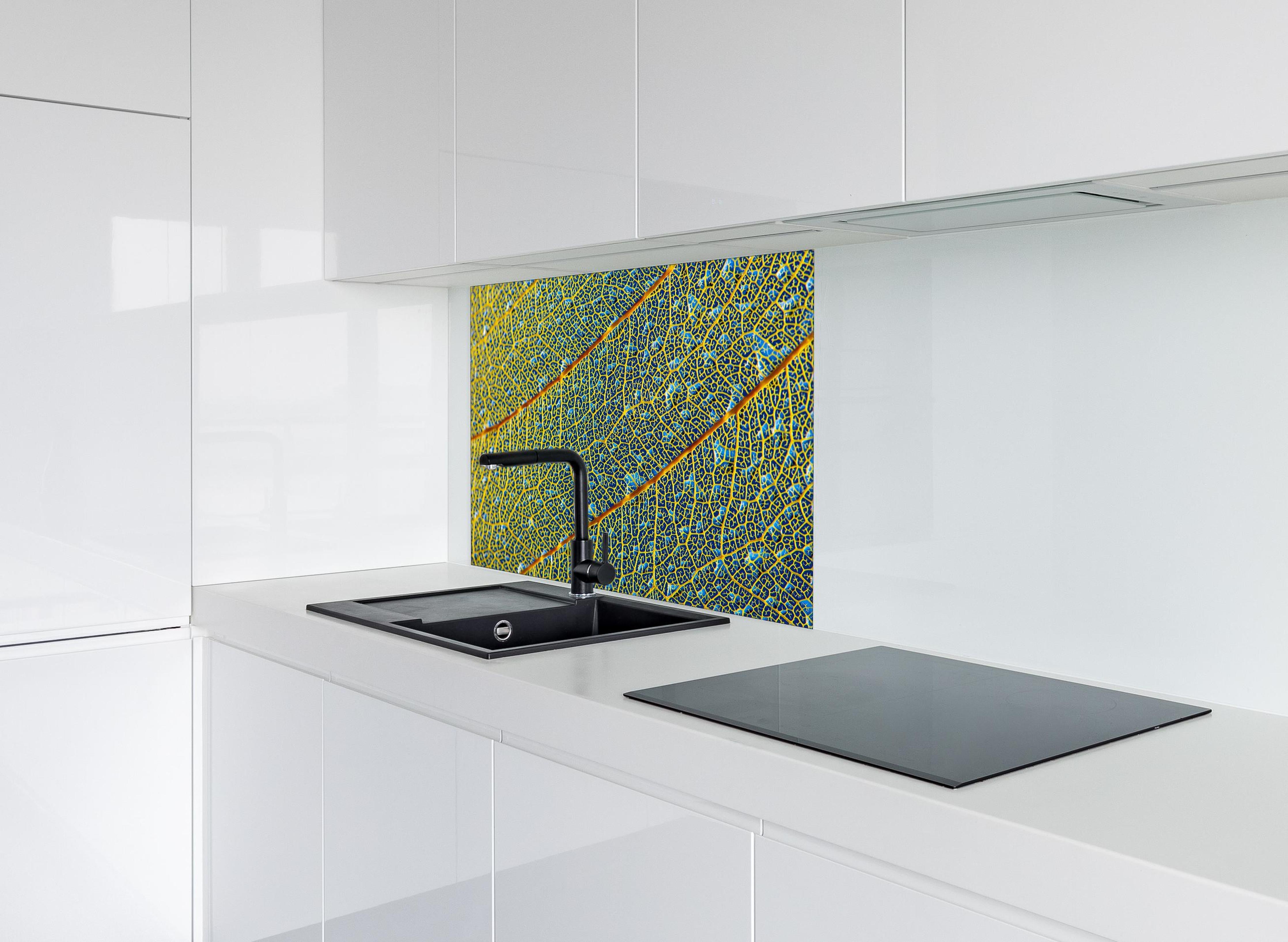 Spritzschutz - Makroaufnahme Gelbes Blatt mit Adern hinter einem Cerankochfeld zwischen Holz-Kochutensilien
