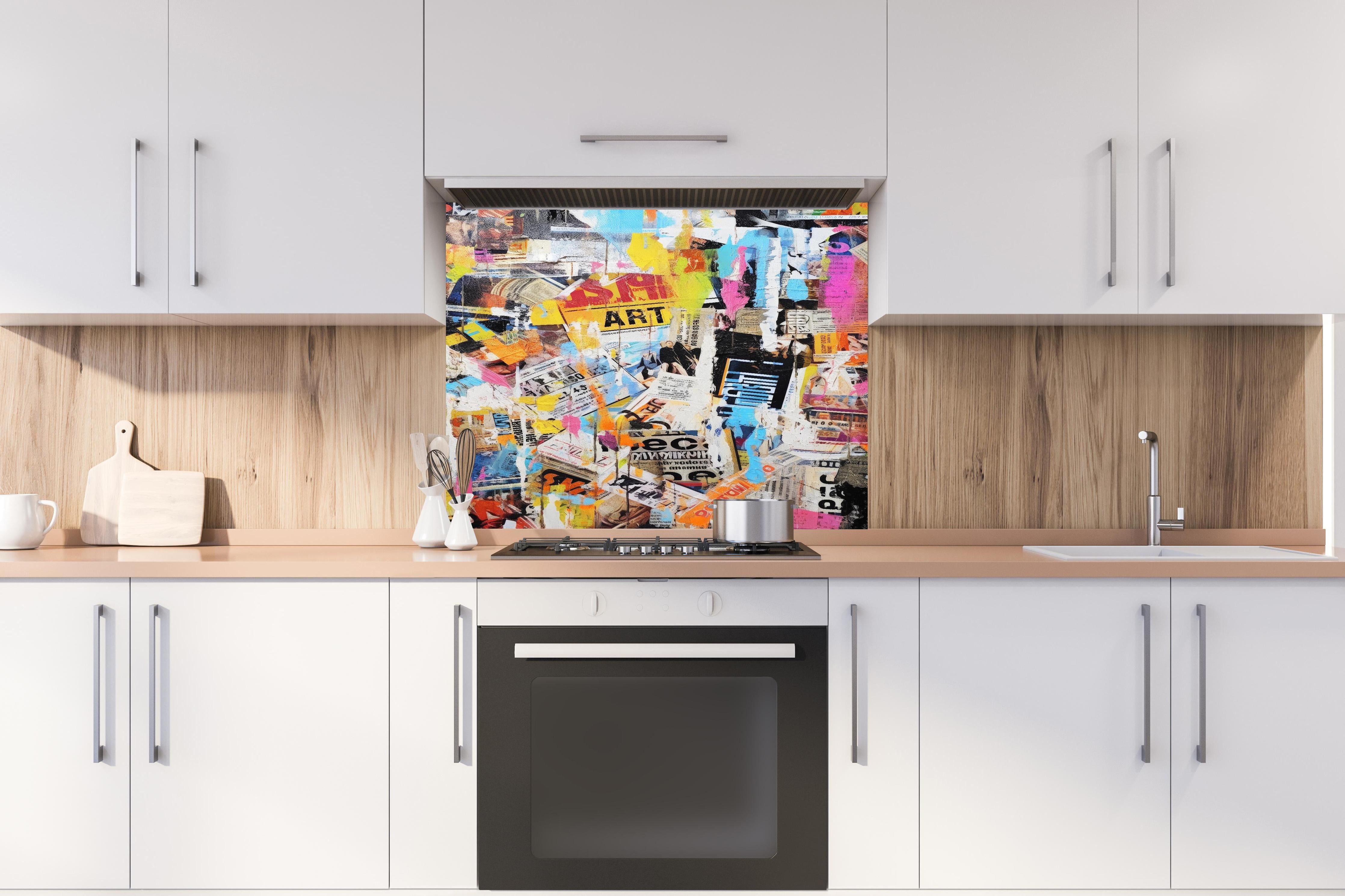 Spritzschutz - Makroaufnahme Lavendel in Pastellfarben hinter einem Cerankochfeld zwischen Holz-Kochutensilien
