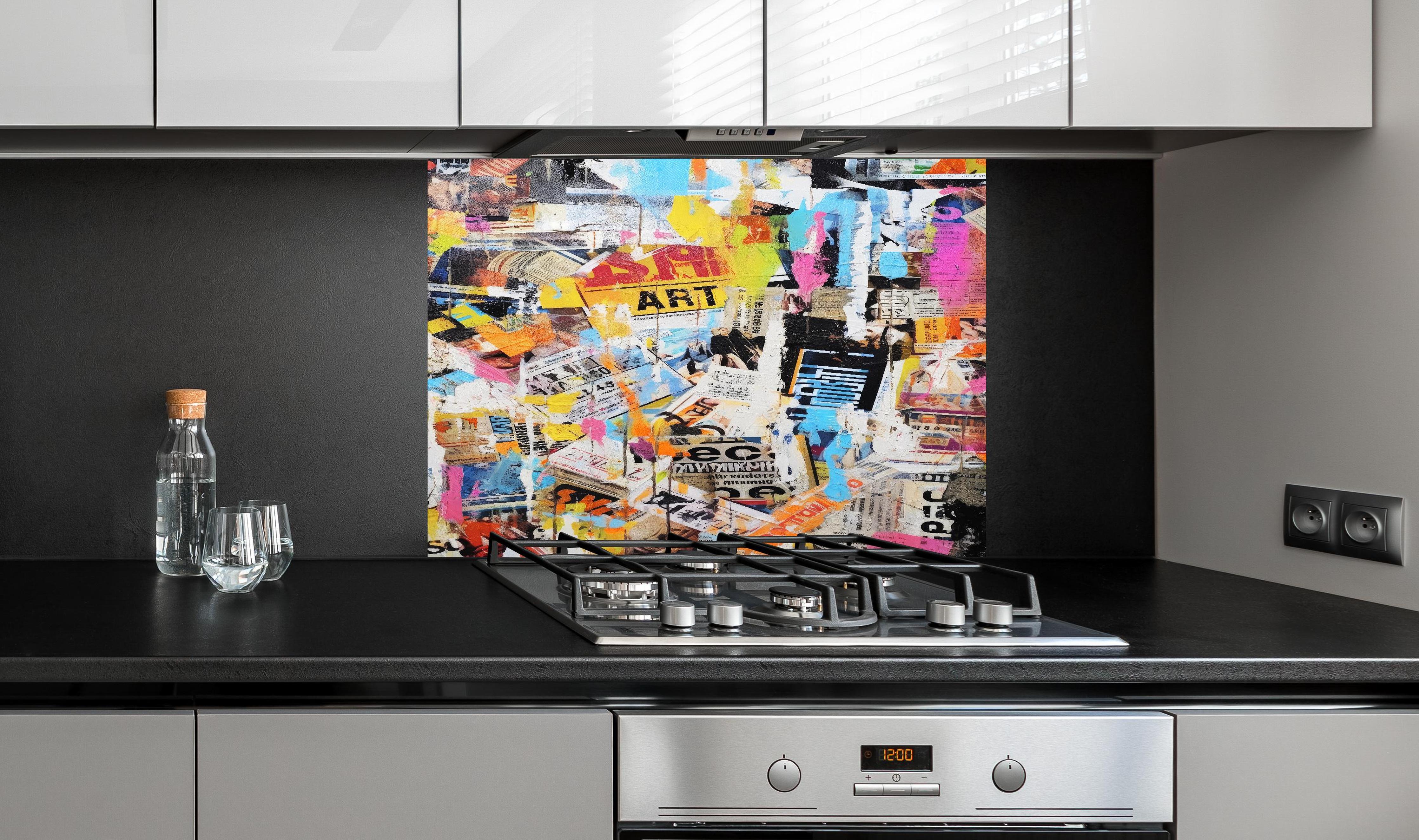 Spritzschutz - Makroaufnahme Lavendel in Pastellfarben hinter einem Cerankochfeld zwischen Holz-Kochutensilien
