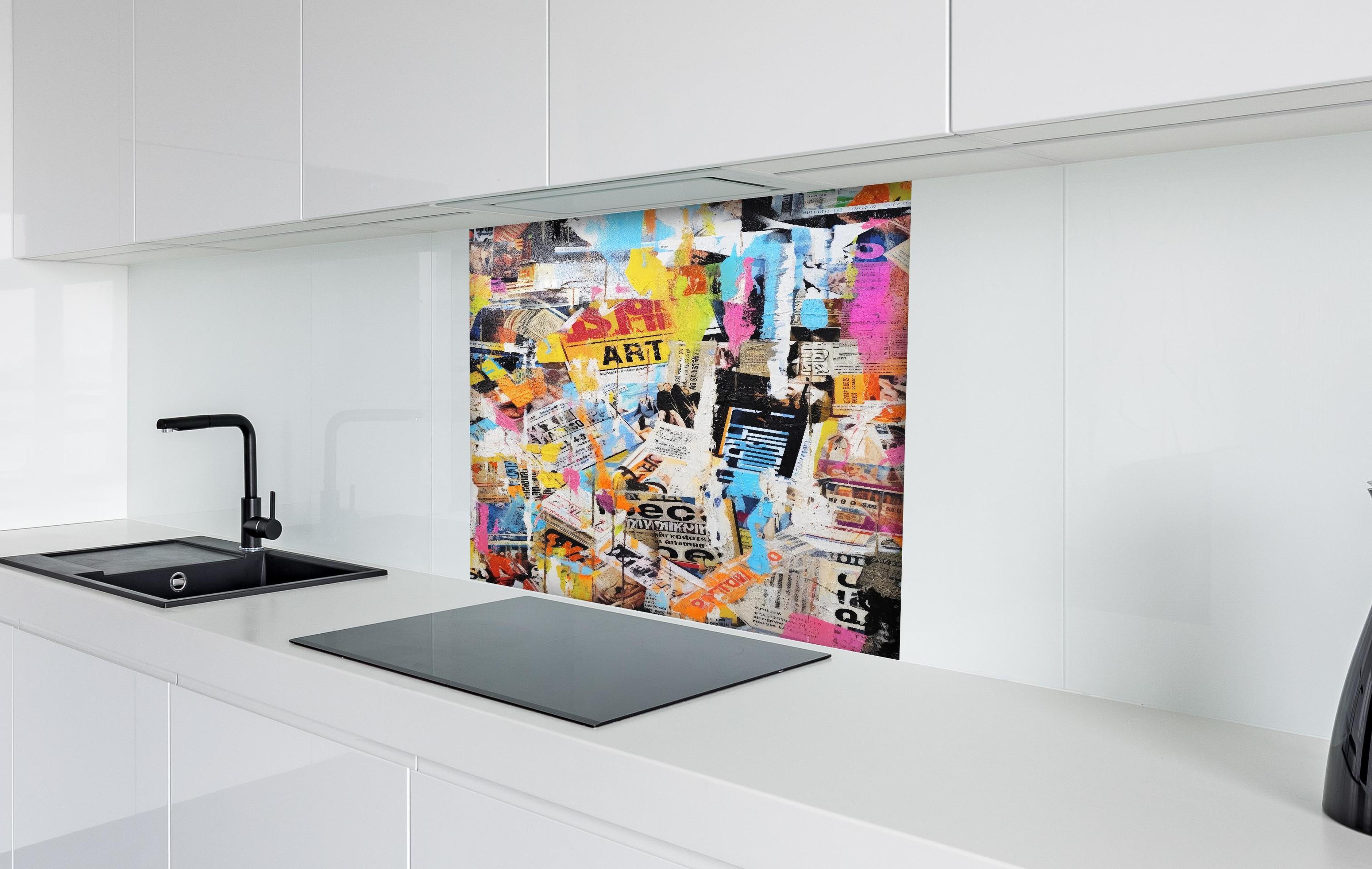 Spritzschutz - Makroaufnahme Lavendel in Pastellfarben hinter einem Cerankochfeld zwischen Holz-Kochutensilien
