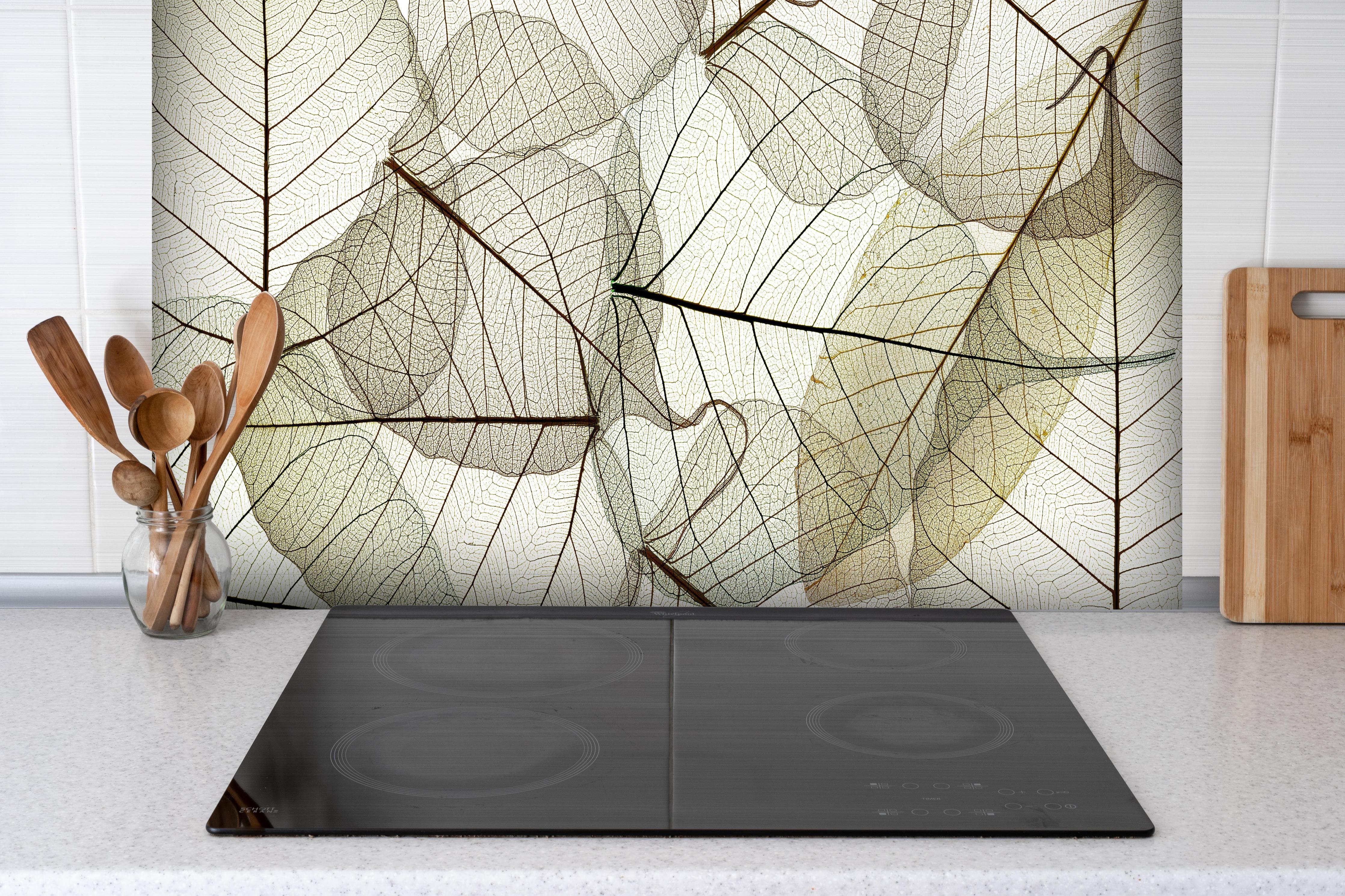 Spritzschutz - Makroaufnahme Transparente Blattadern hinter einem Cerankochfeld zwischen Holz-Kochutensilien
