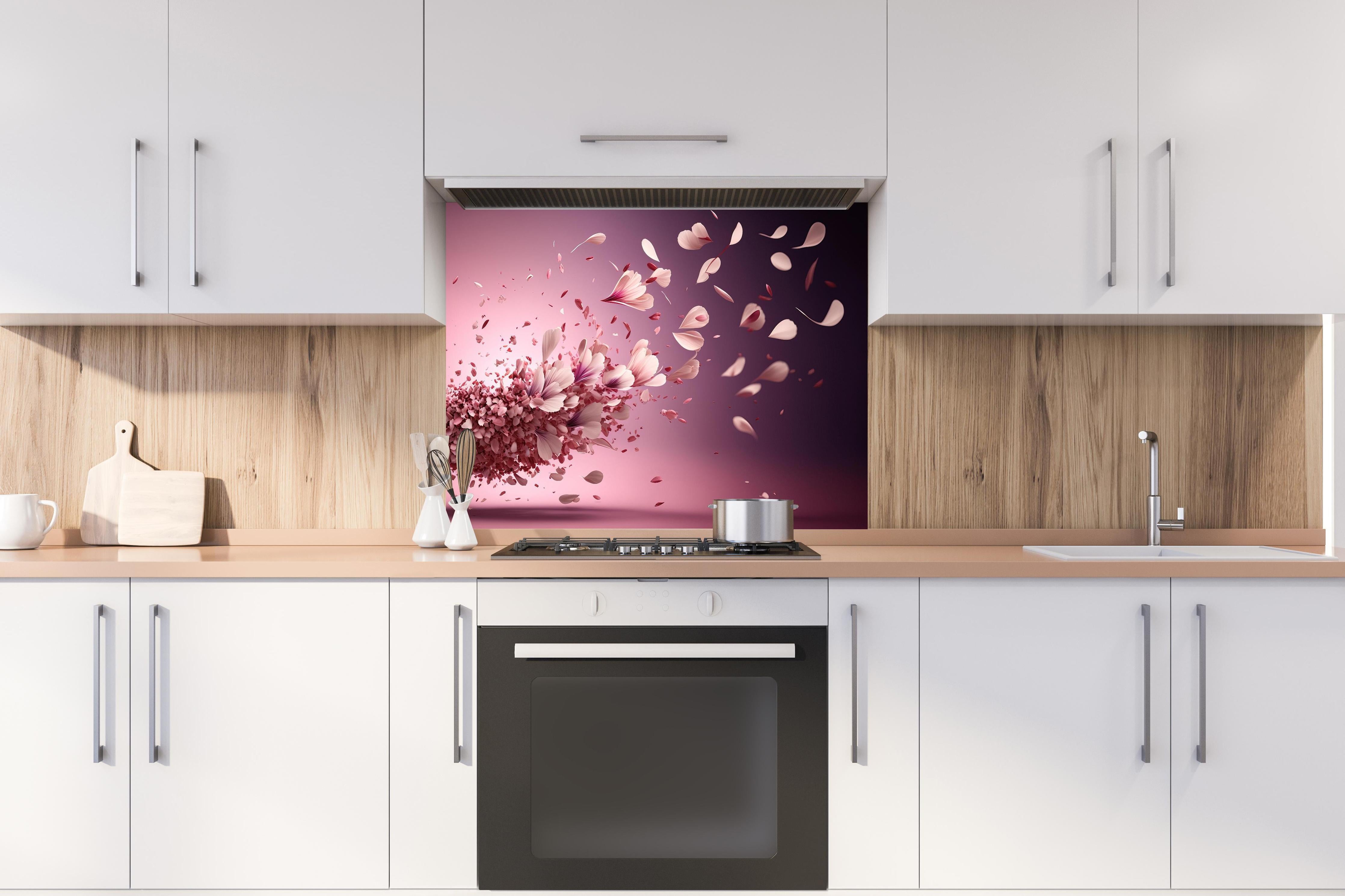 Spritzschutz - Malerische Sakura Blüten Explosion in Rosa hinter einem Cerankochfeld zwischen Holz-Kochutensilien
