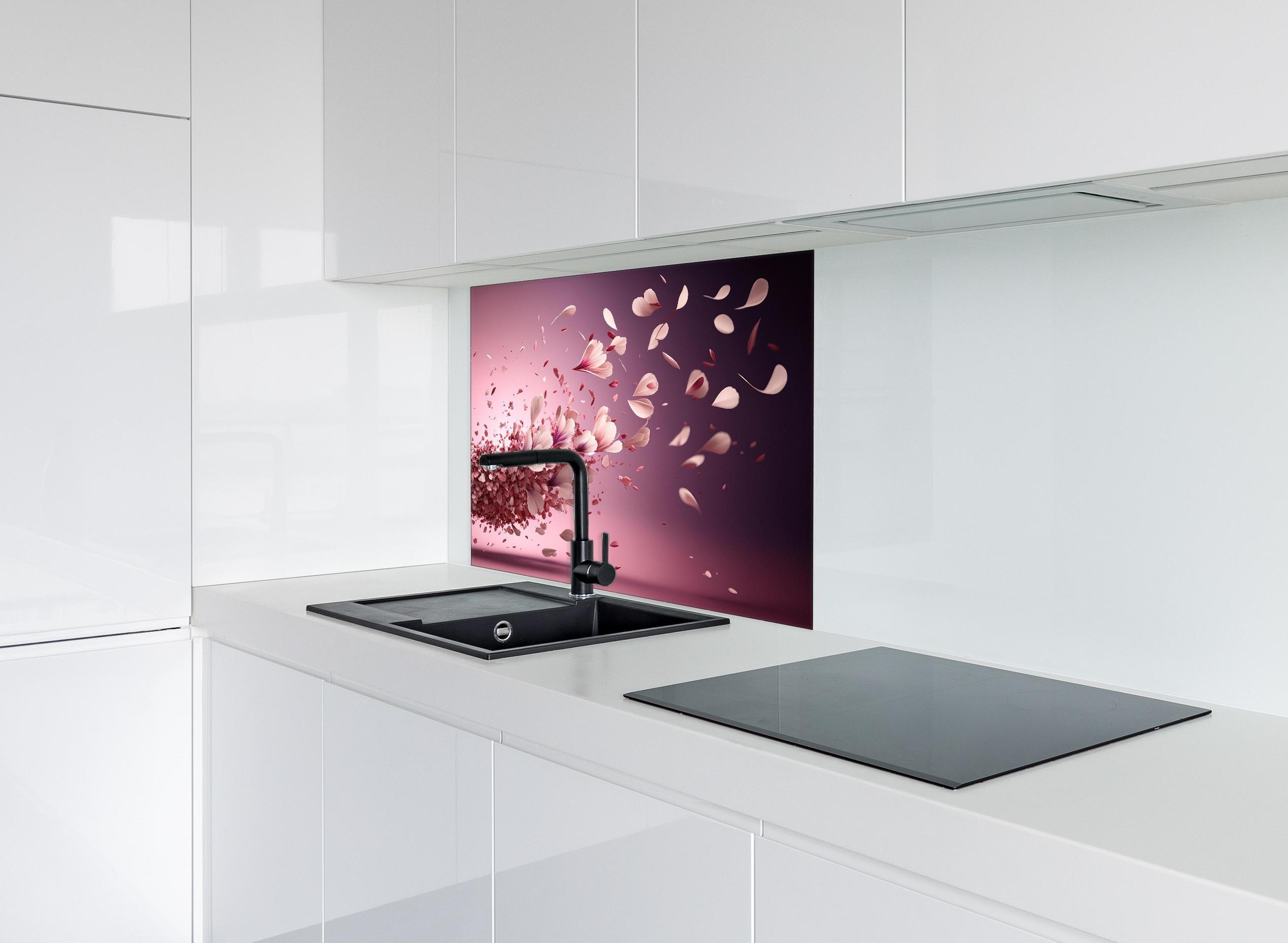 Spritzschutz - Malerische Sakura Blüten Explosion in Rosa hinter einem Cerankochfeld zwischen Holz-Kochutensilien
