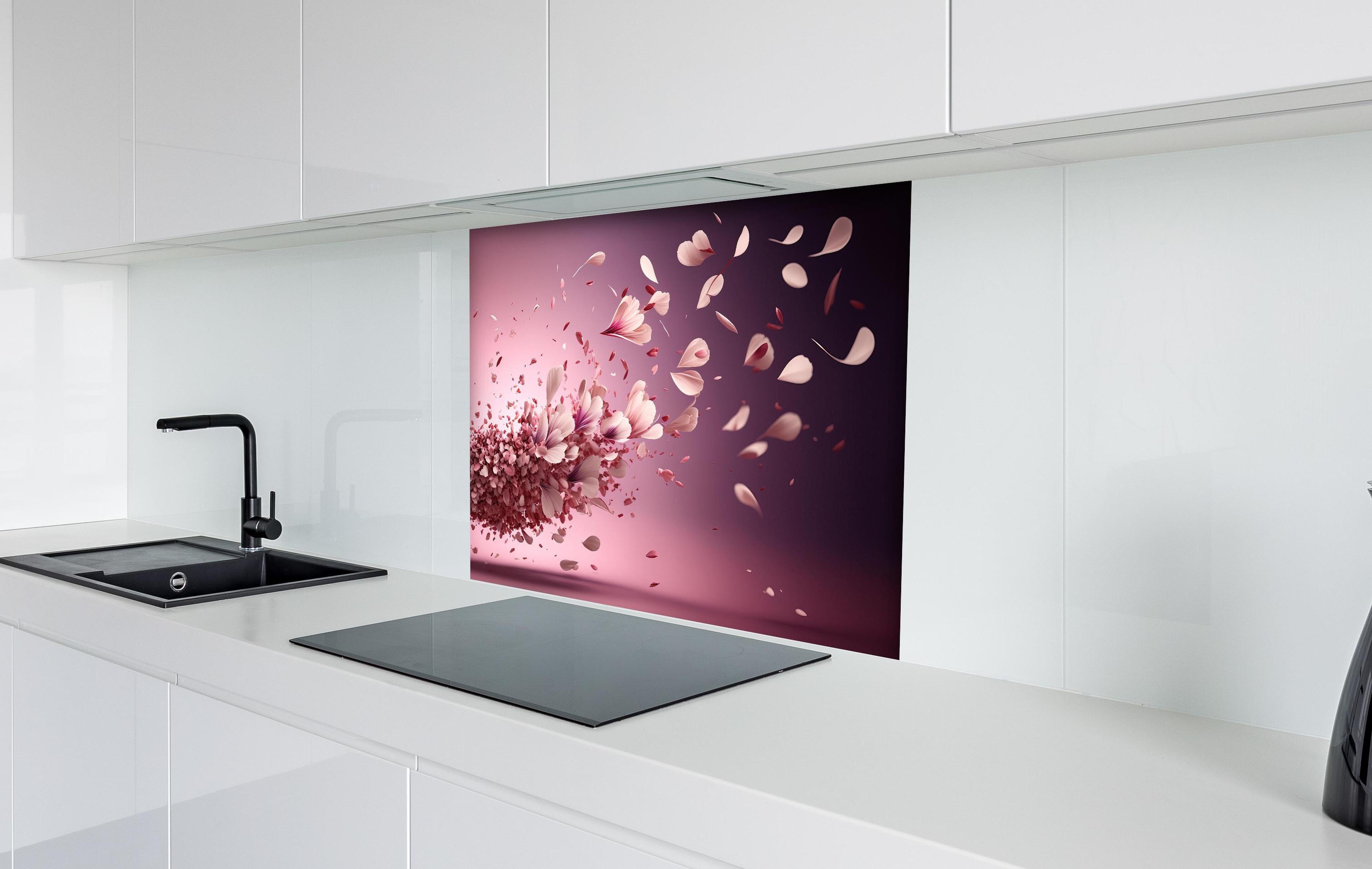 Spritzschutz - Malerische Sakura Blüten Explosion in Rosa hinter einem Cerankochfeld zwischen Holz-Kochutensilien
