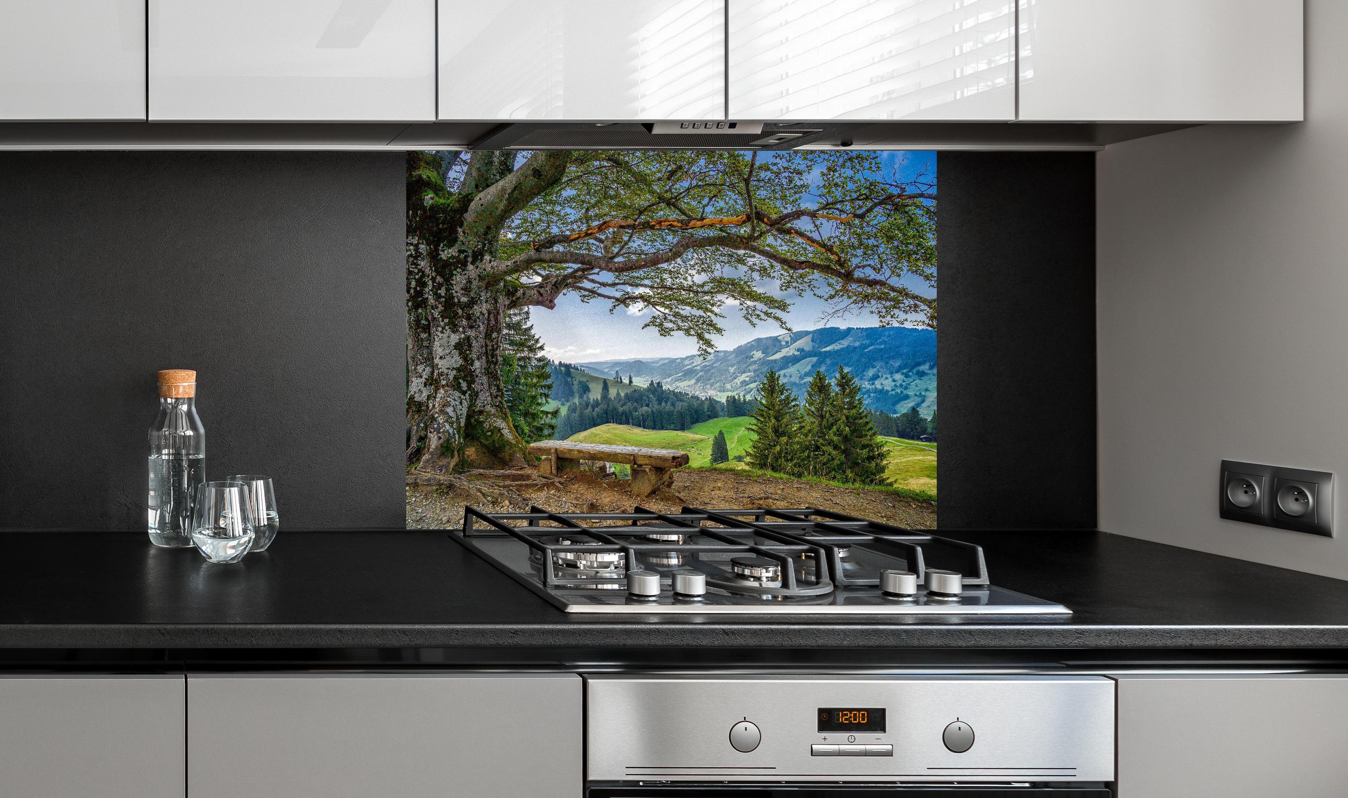 Spritzschutz - Malersche Bergpanorama mit alter Baum hinter einem Cerankochfeld zwischen Holz-Kochutensilien
