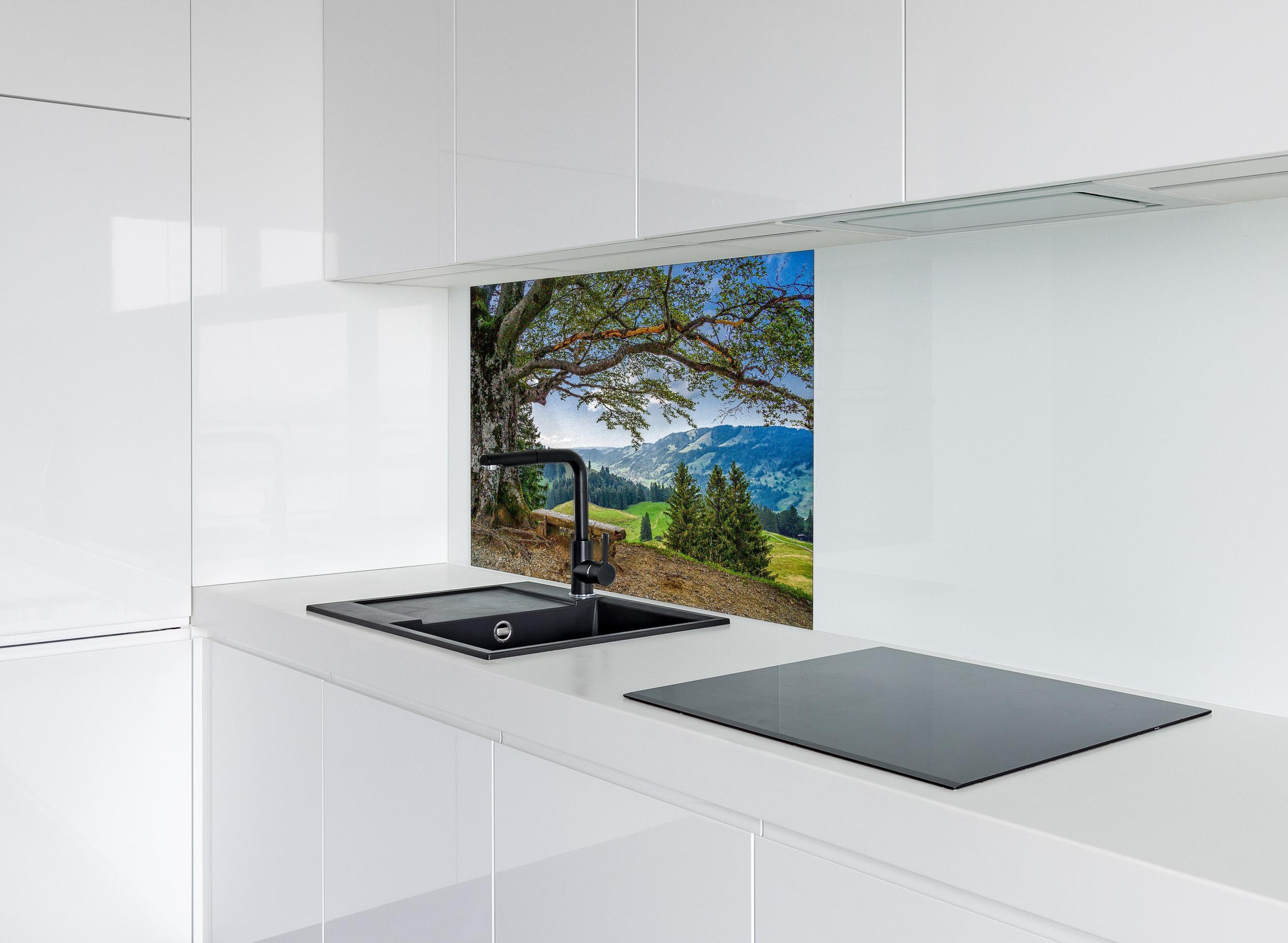 Spritzschutz - Malersche Bergpanorama mit alter Baum hinter einem Cerankochfeld zwischen Holz-Kochutensilien
