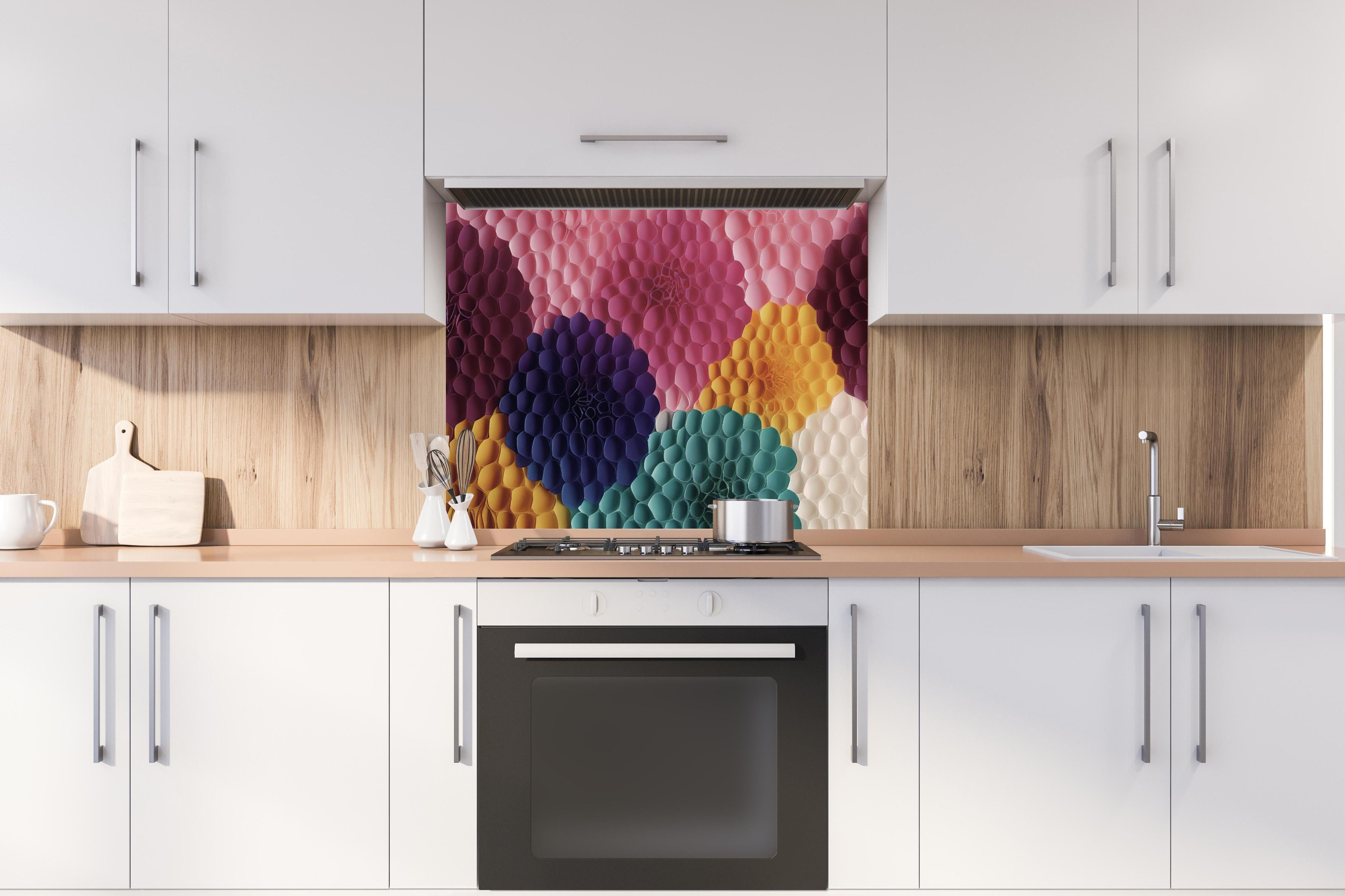 Spritzschutz - Mode Textil Grunge Blüten Wallpaper hinter einem Cerankochfeld zwischen Holz-Kochutensilien
