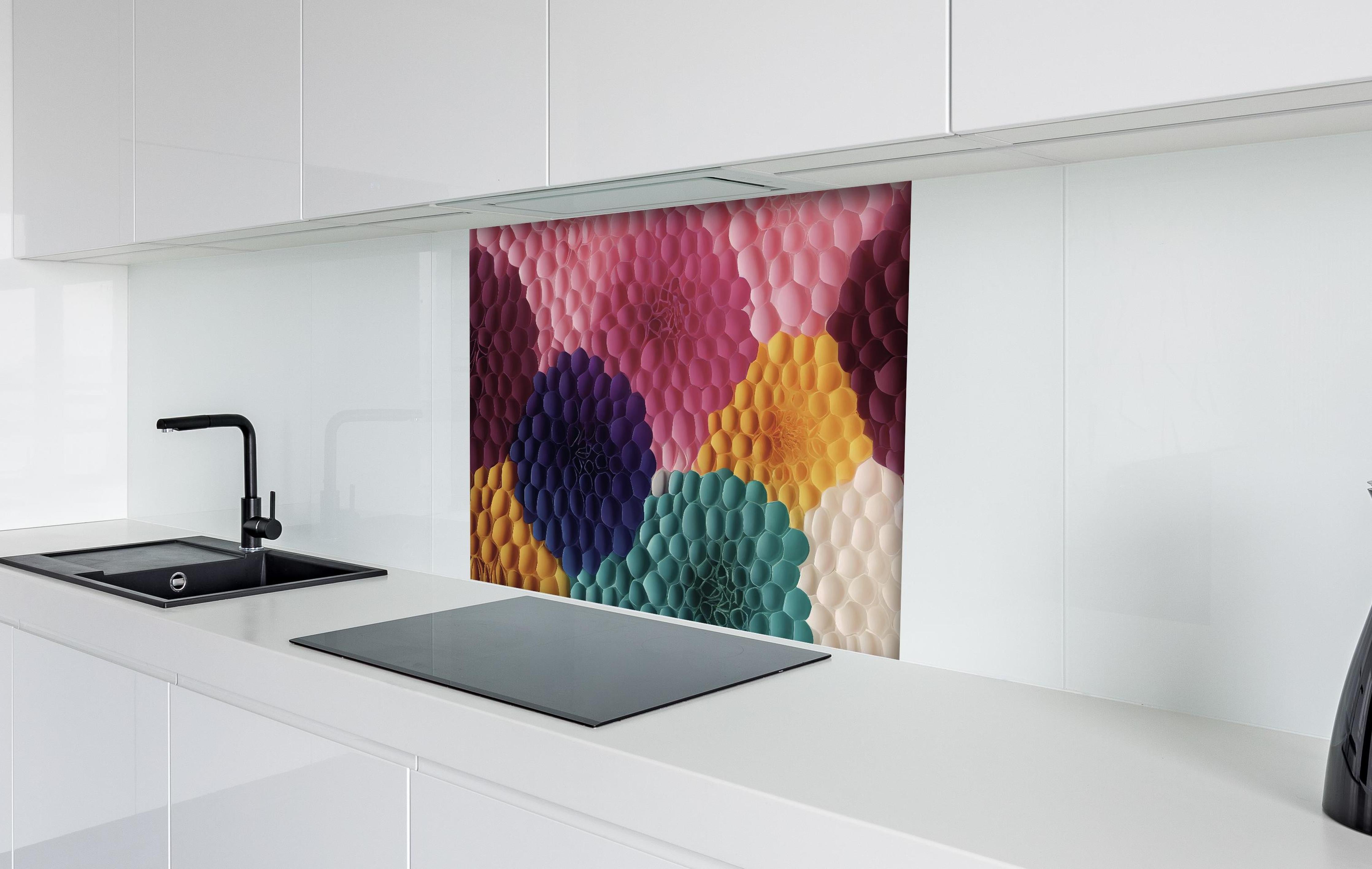 Spritzschutz - Mode Textil Grunge Blüten Wallpaper hinter einem Cerankochfeld zwischen Holz-Kochutensilien

