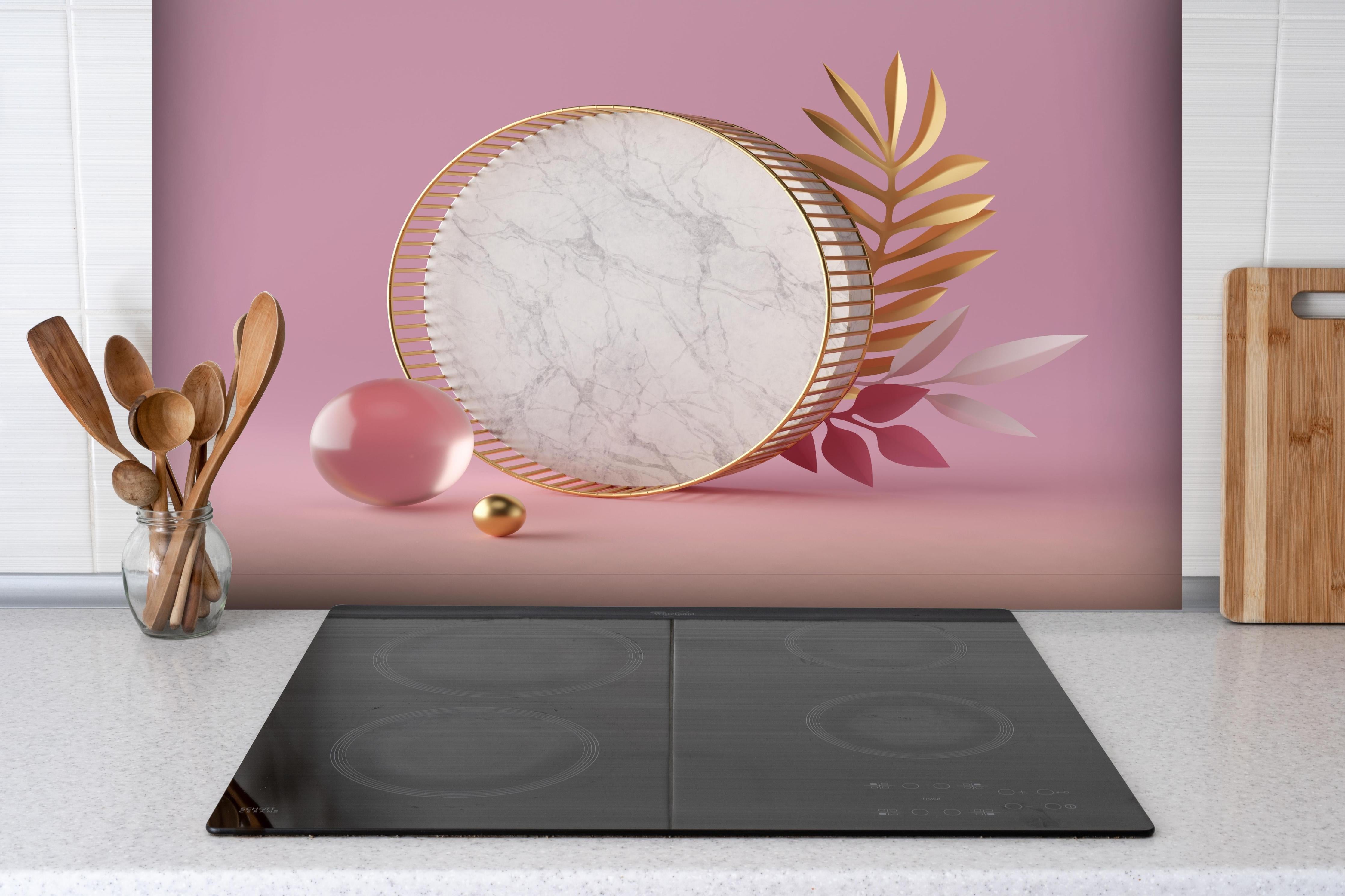 Spritzschutz - Moderne 3D-Struktur hinter einem Cerankochfeld zwischen Holz-Kochutensilien
