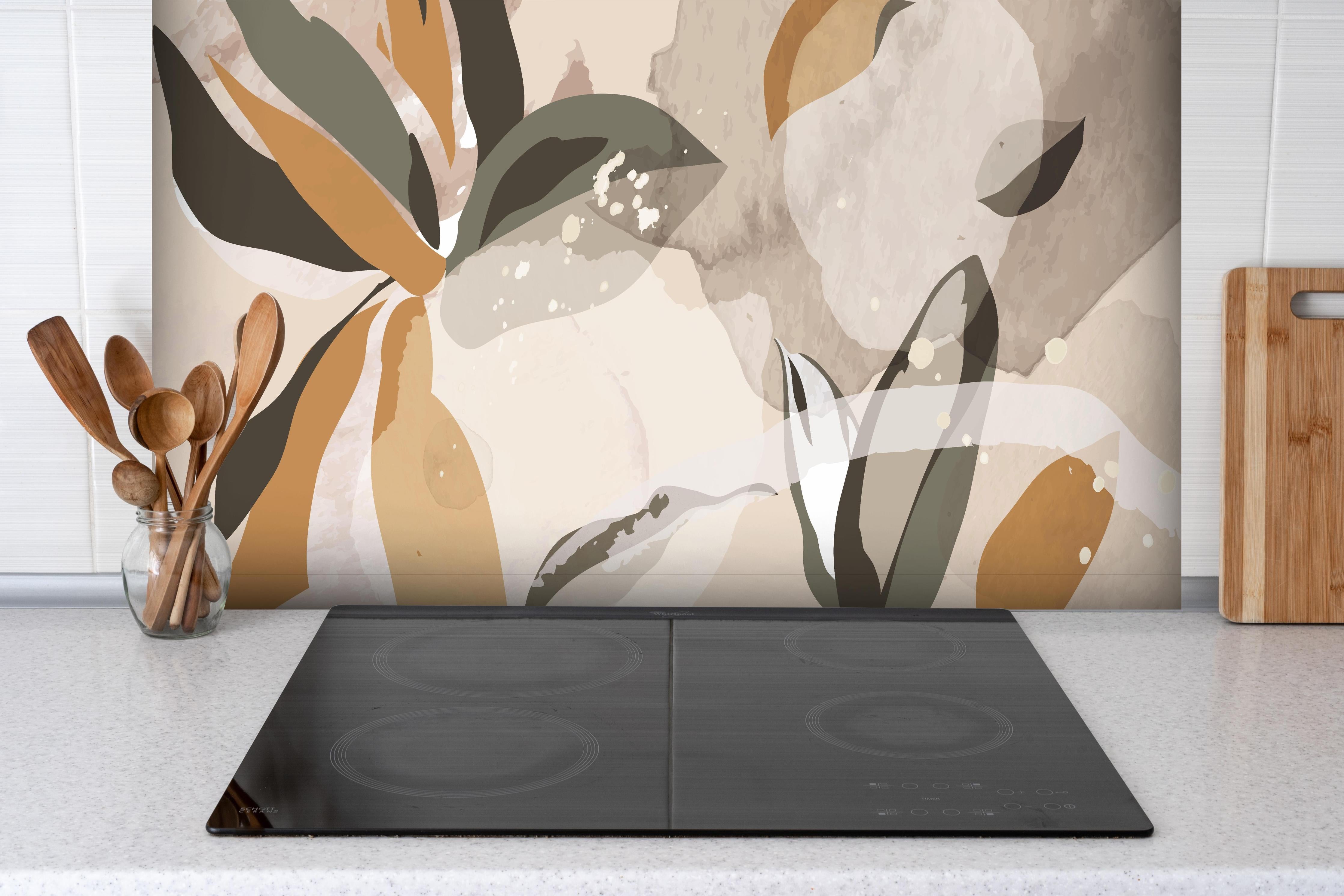 Spritzschutz - Moderne Abstrakte Illustration in Beige hinter einem Cerankochfeld zwischen Holz-Kochutensilien
