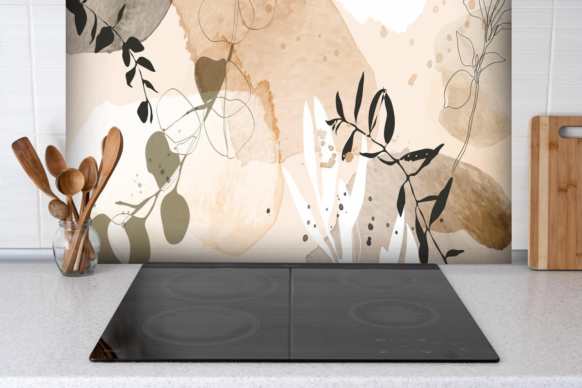 Spritzschutz - Moderne Beige-Braune Abstrakte Kunst hinter einem Cerankochfeld zwischen Holz-Kochutensilien
